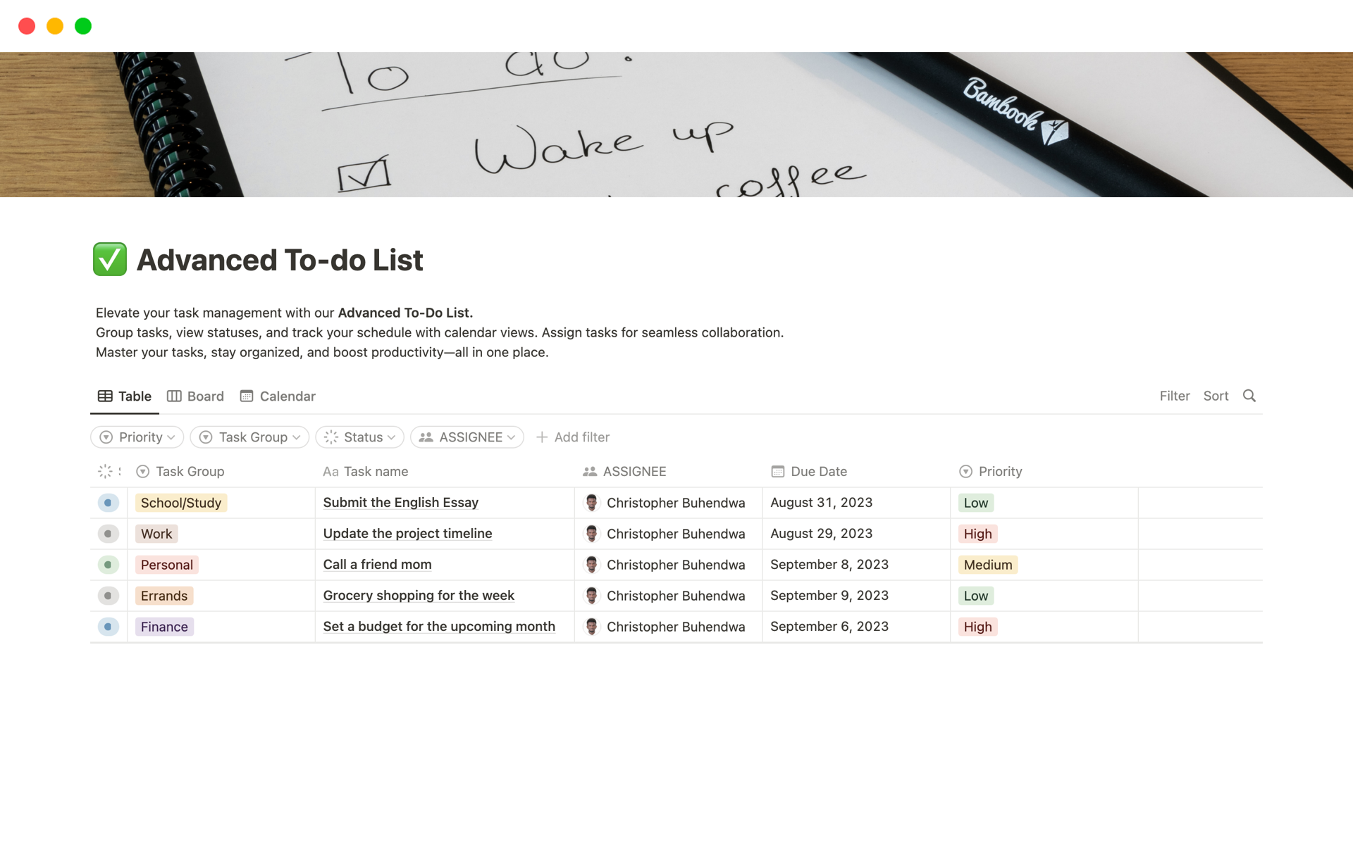 A template preview for Advanced To-do List