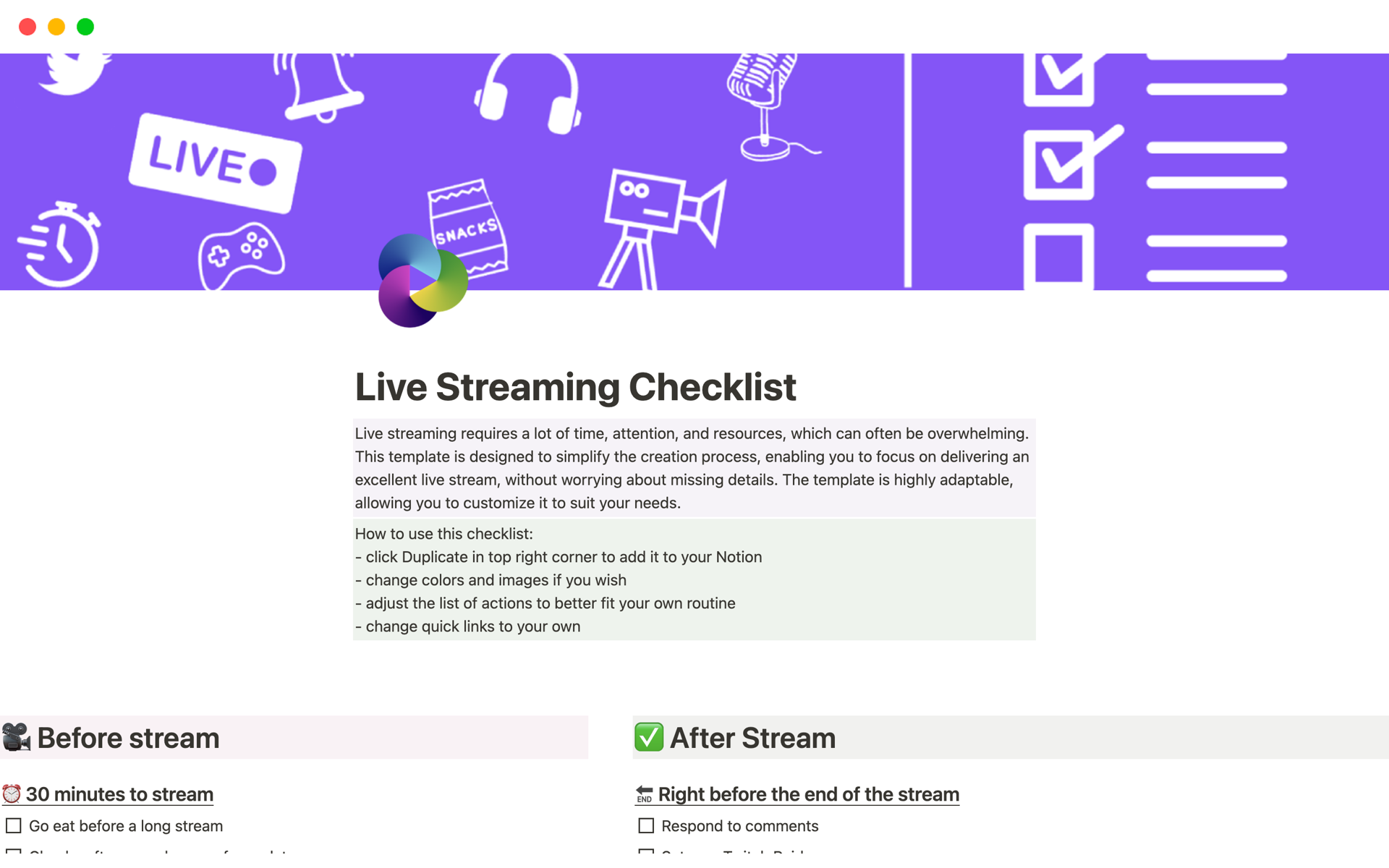 This live streaming checklist offers a complete guide for streamers, it includes pre-stream preparations like setting goals, planning stream activities, and promoting on social media after the stream