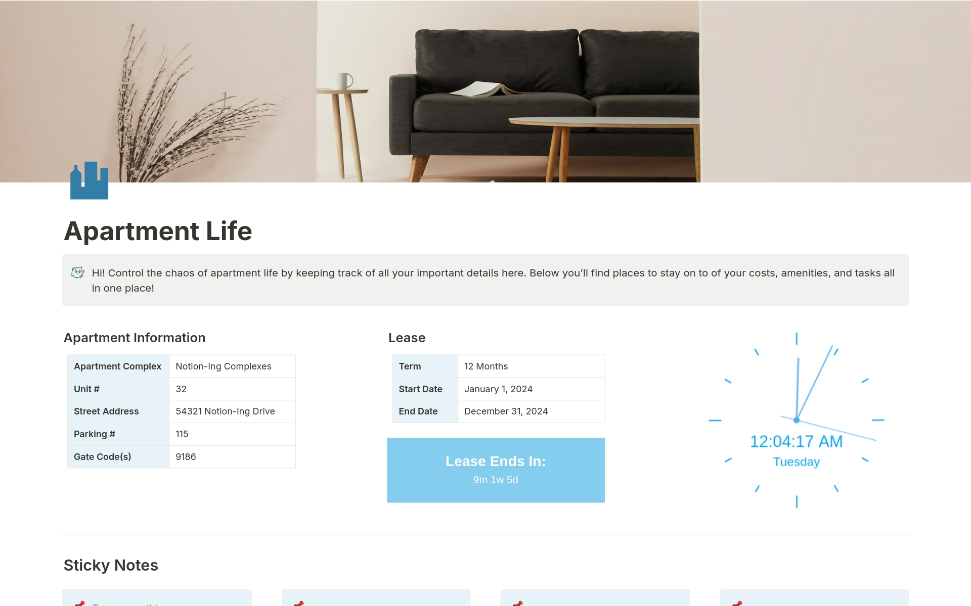 A template preview for Apartment Life Tracker