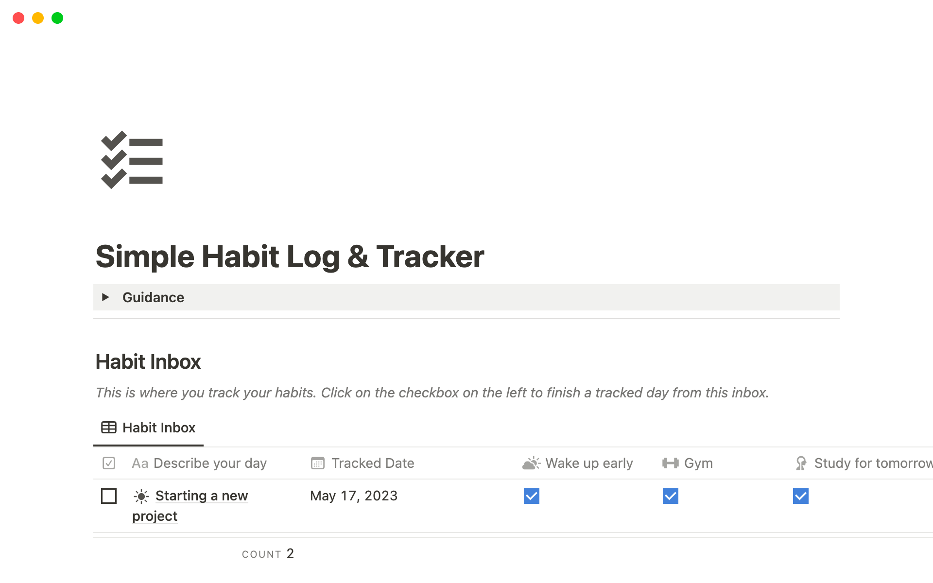A template preview for Simple Habit Log & Tracker