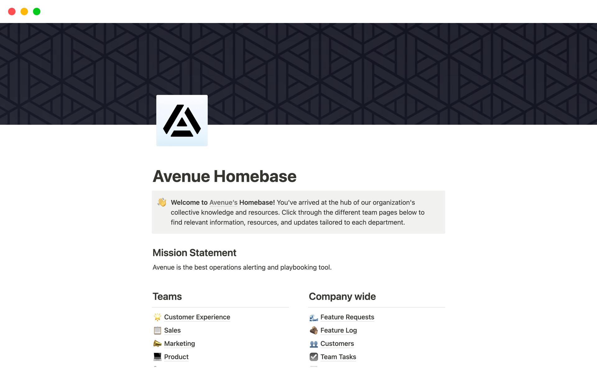 Avenue uses Notion as the company-wide source of truth for all team activities, cross-team collaboration, and information sharing—especially for handoffs between customer support and engineering.
