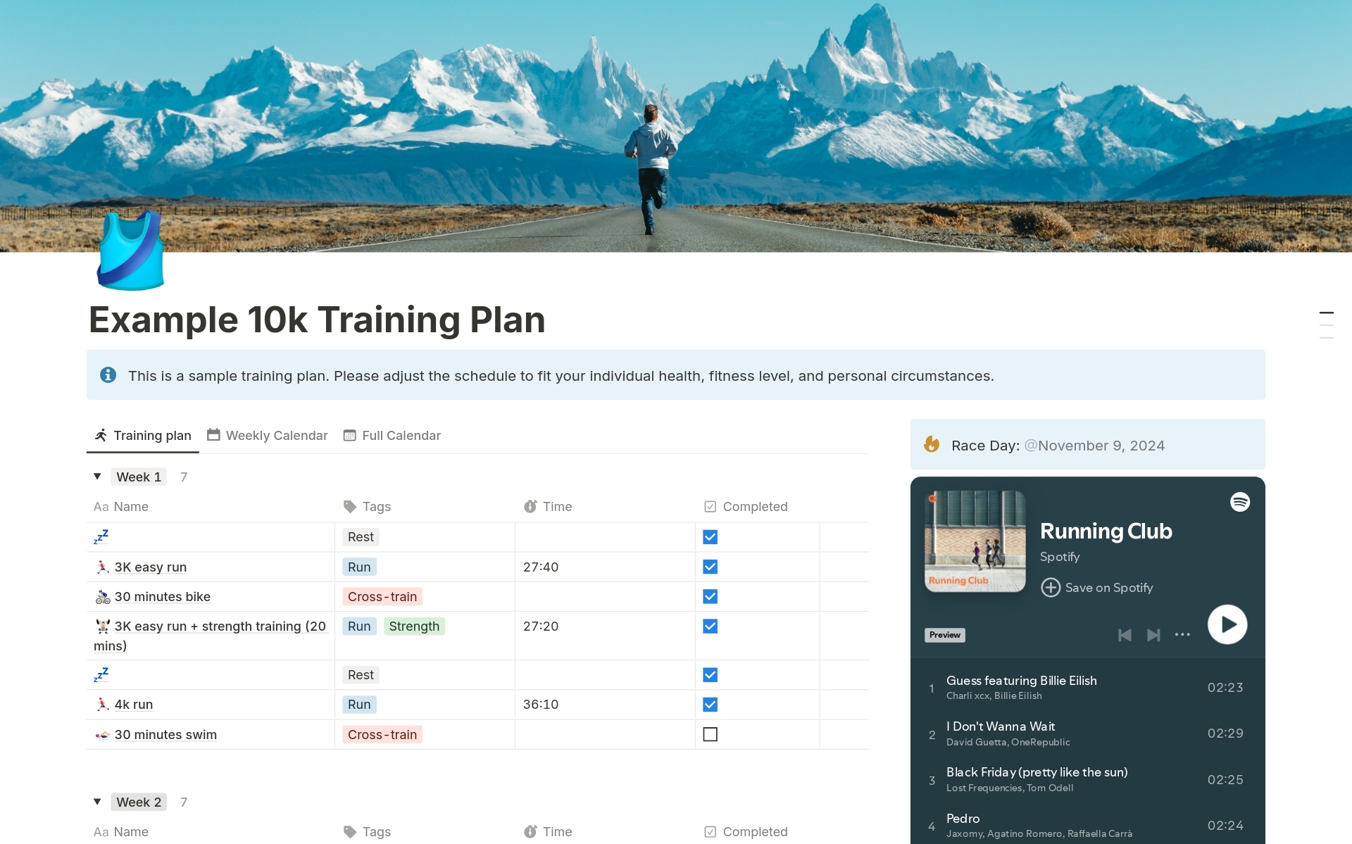 Running training plan 2024 template notion marketplace