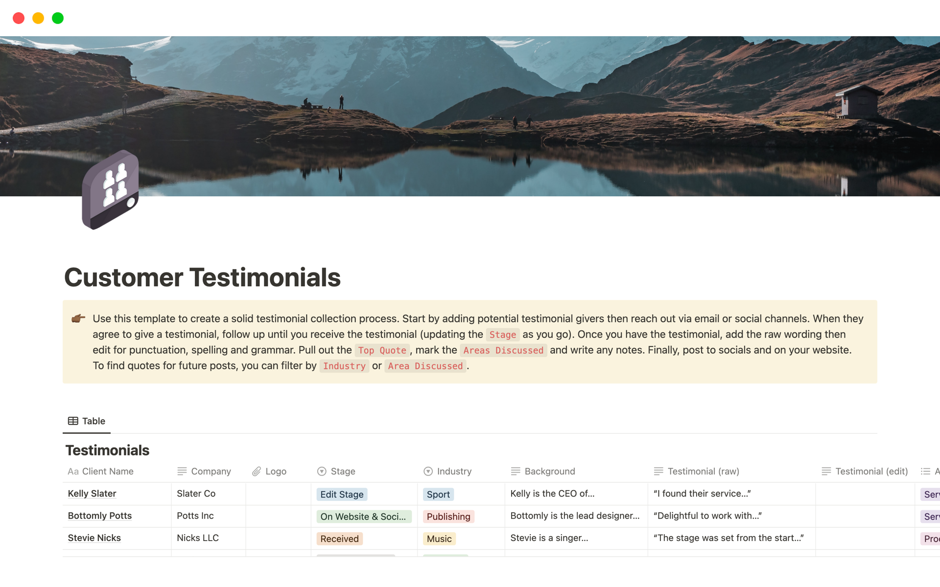A template preview for Customer Testimonials