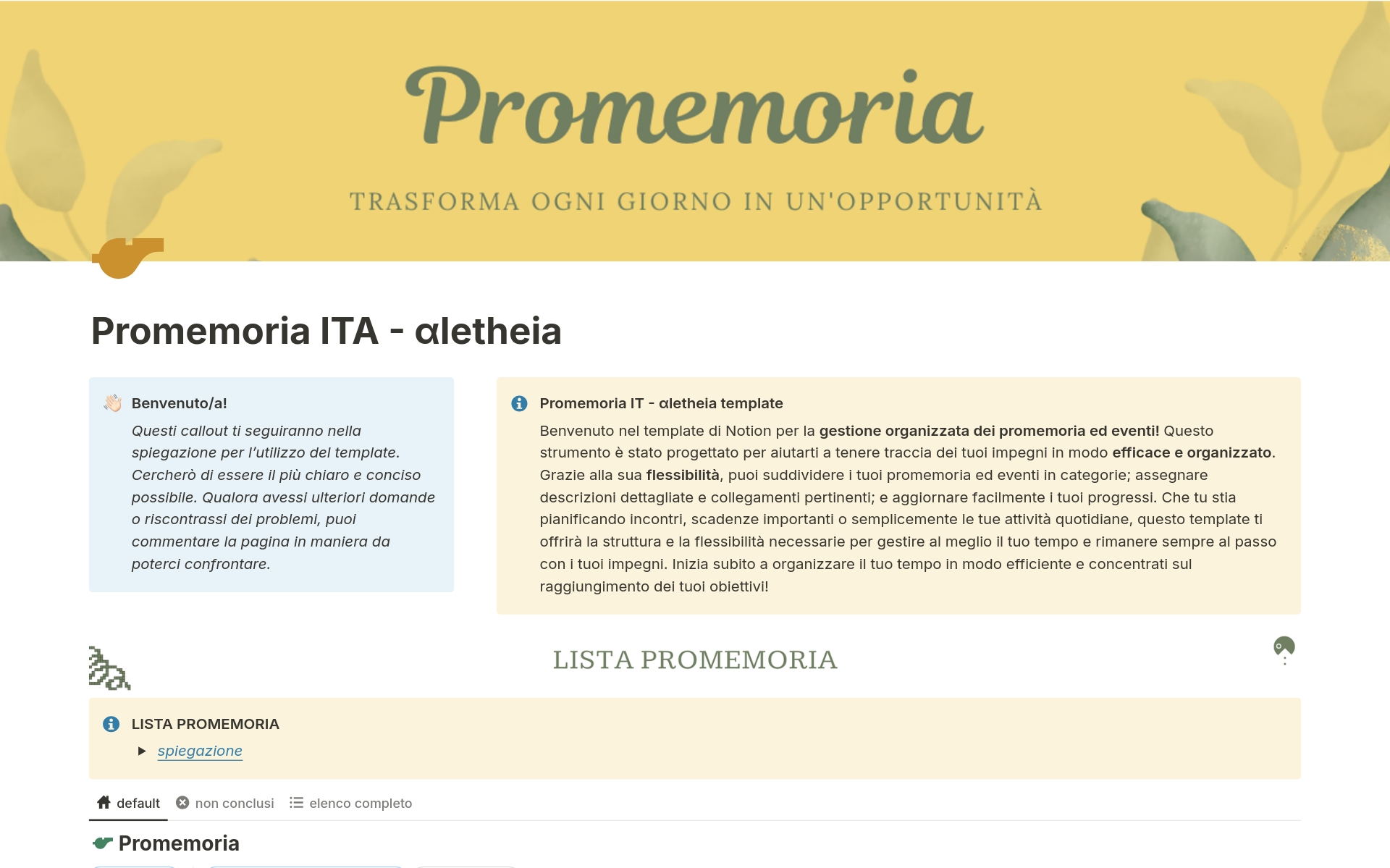A template preview for Promemoria ITA - αletheia
