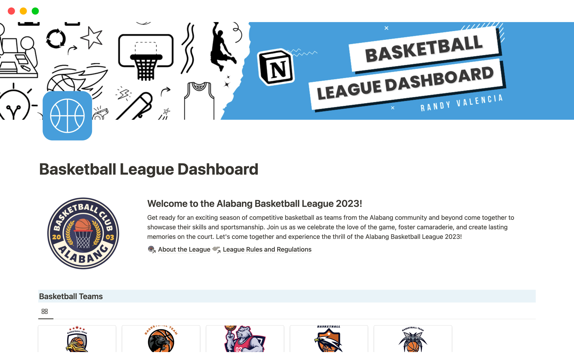 A template preview for Basketball League Dashboard Template