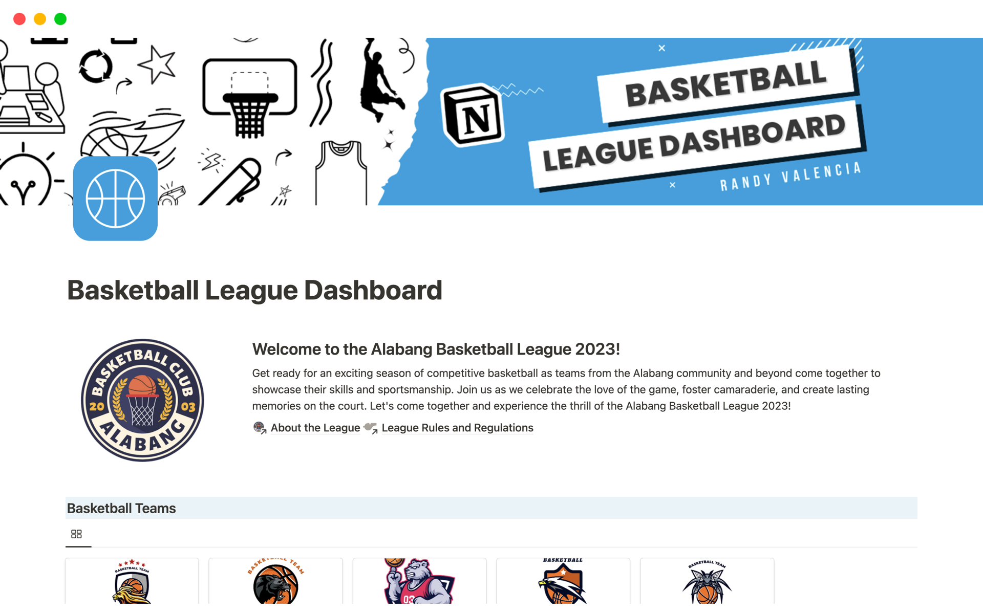 Basketball League Dashboard Template Notion Template