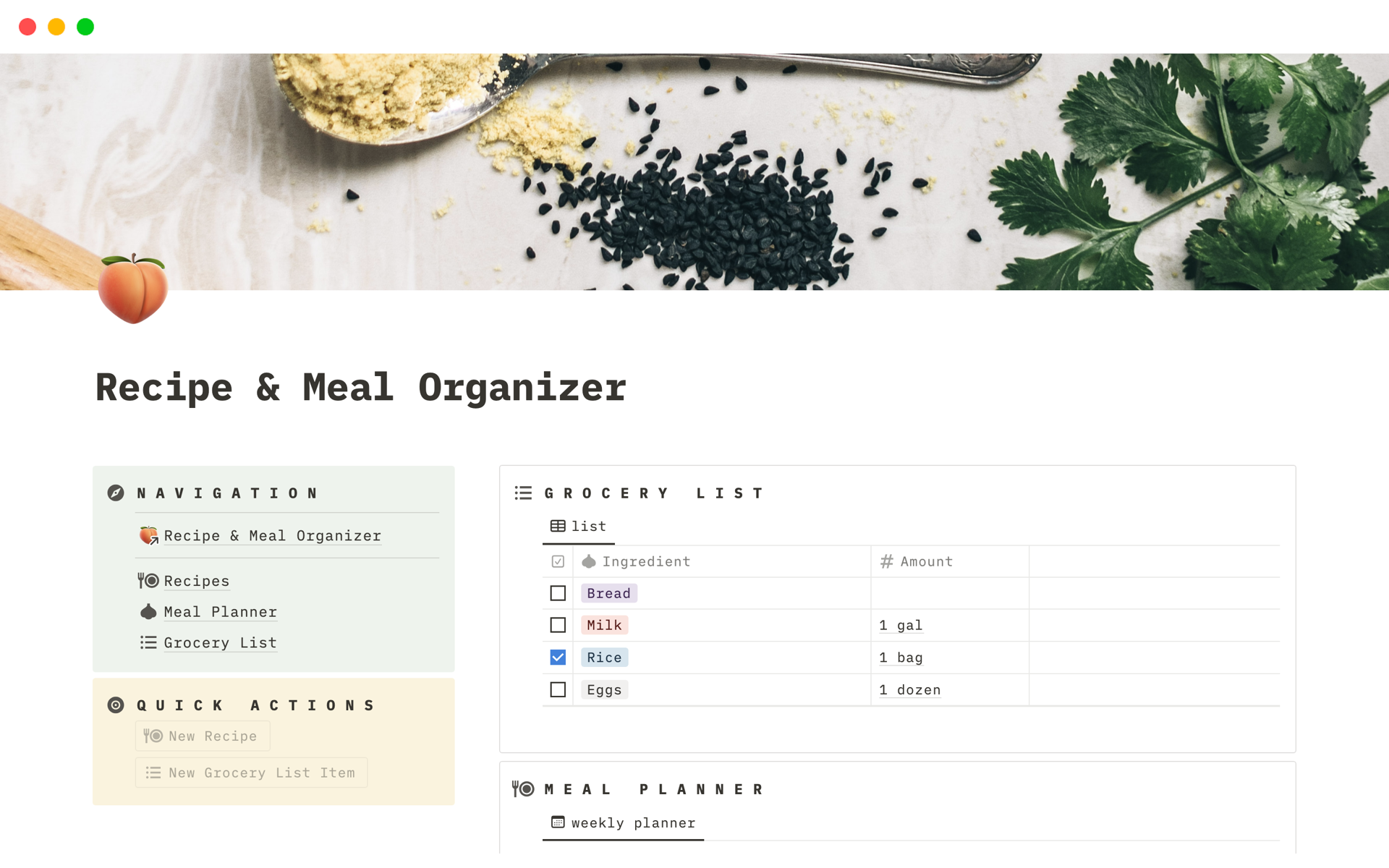 This template is built to keep your recipes, meal plans, grocery lists organized.