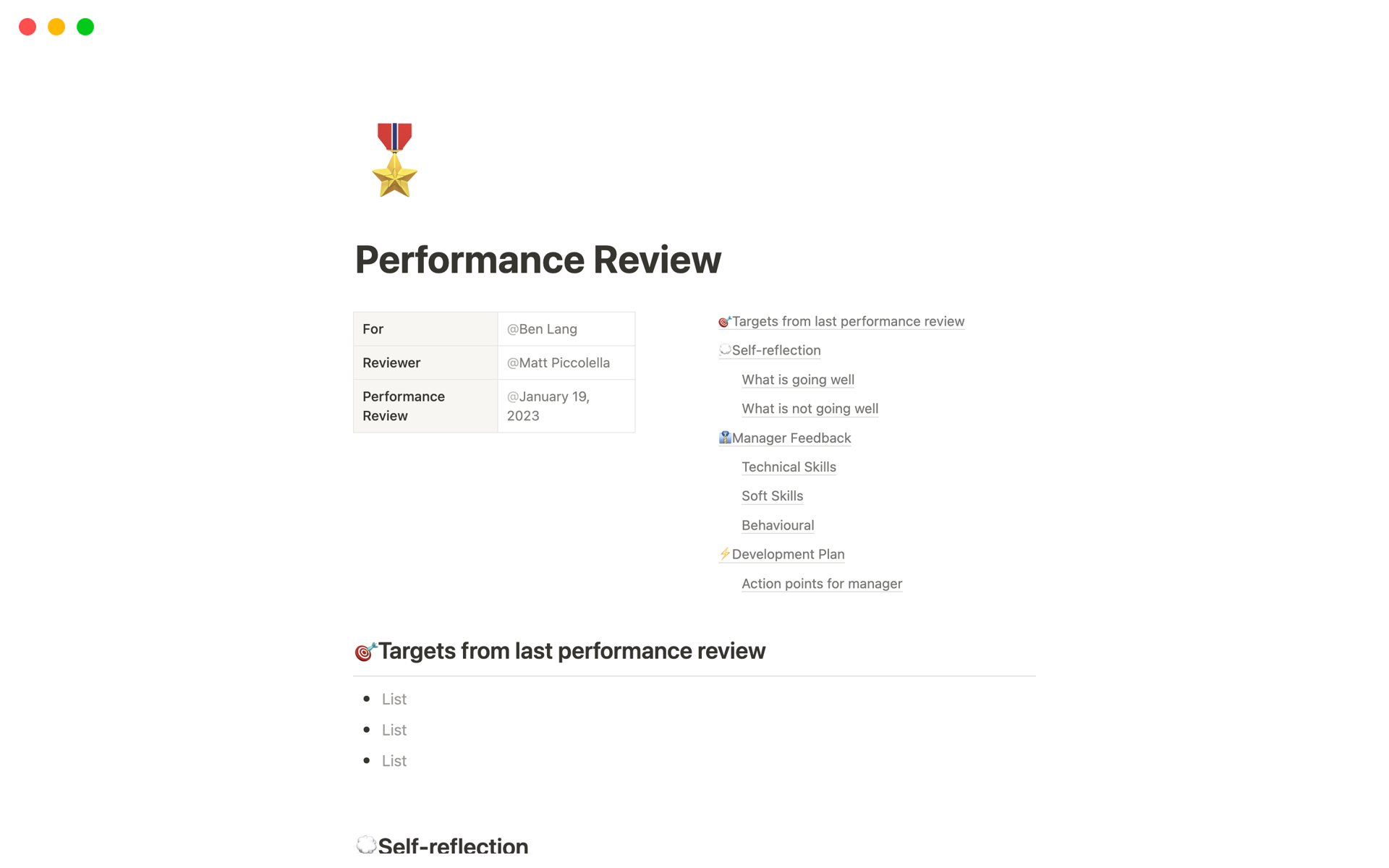 A template preview for Performance Review