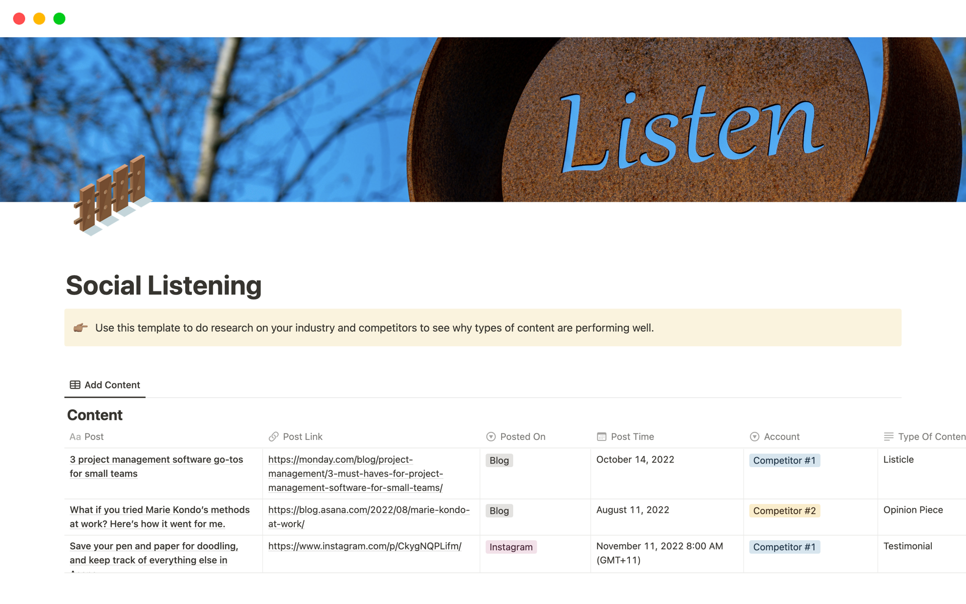 A template preview for Social Listening