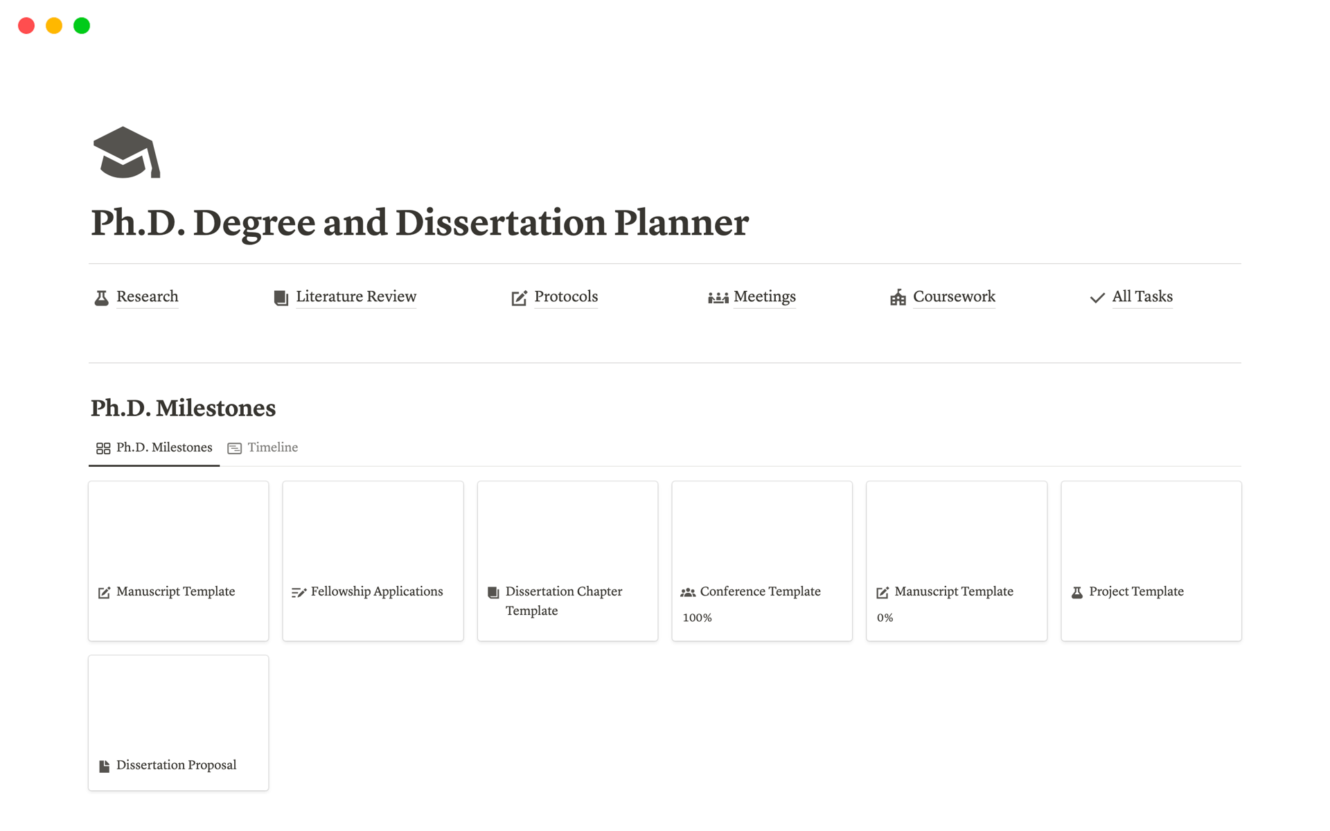 Streamline your Ph.D. journey with a functional Notion template designed to plan, track, and organize your Ph.D. progress.