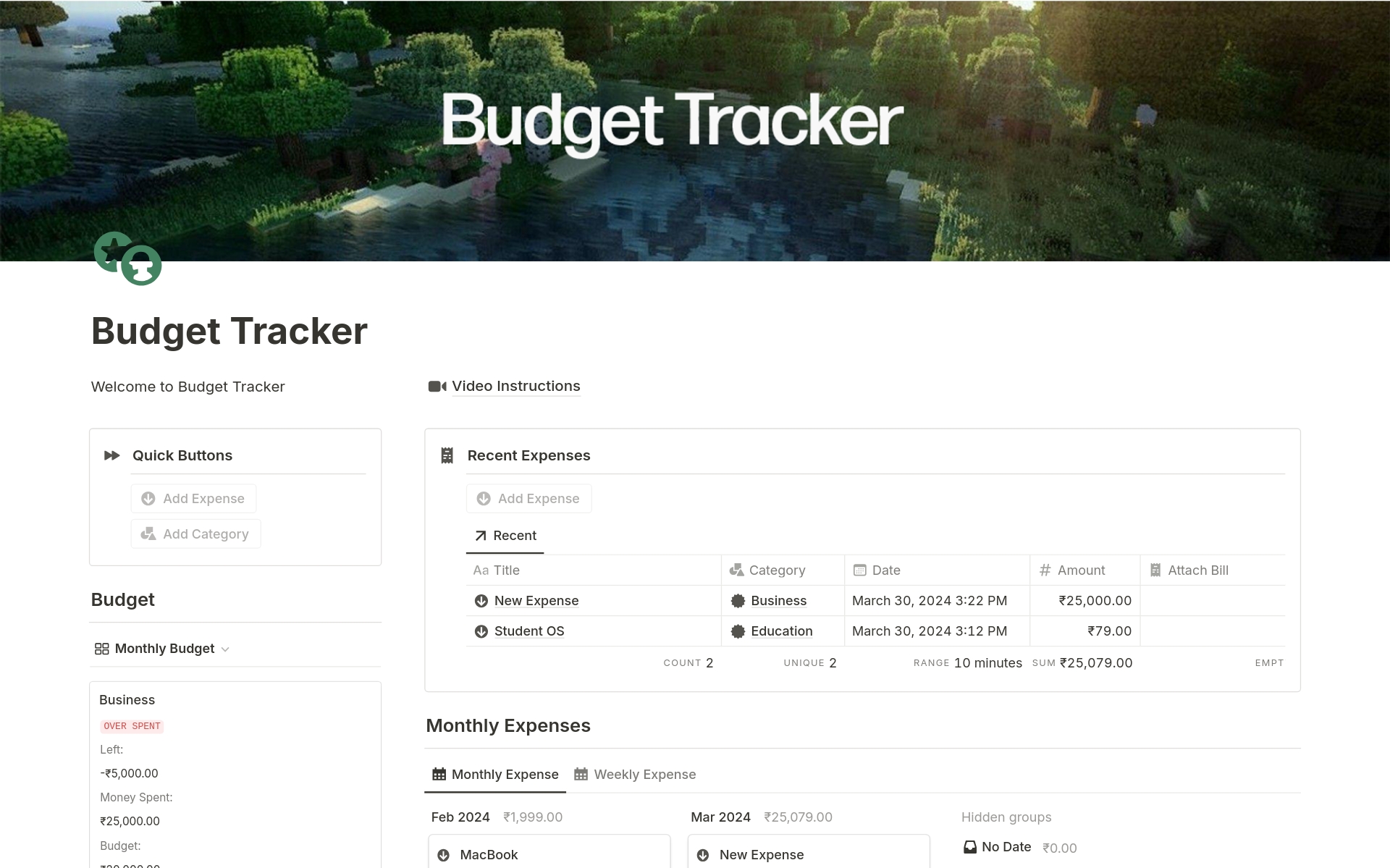 Aesthetic Budget Trackerのテンプレートのプレビュー