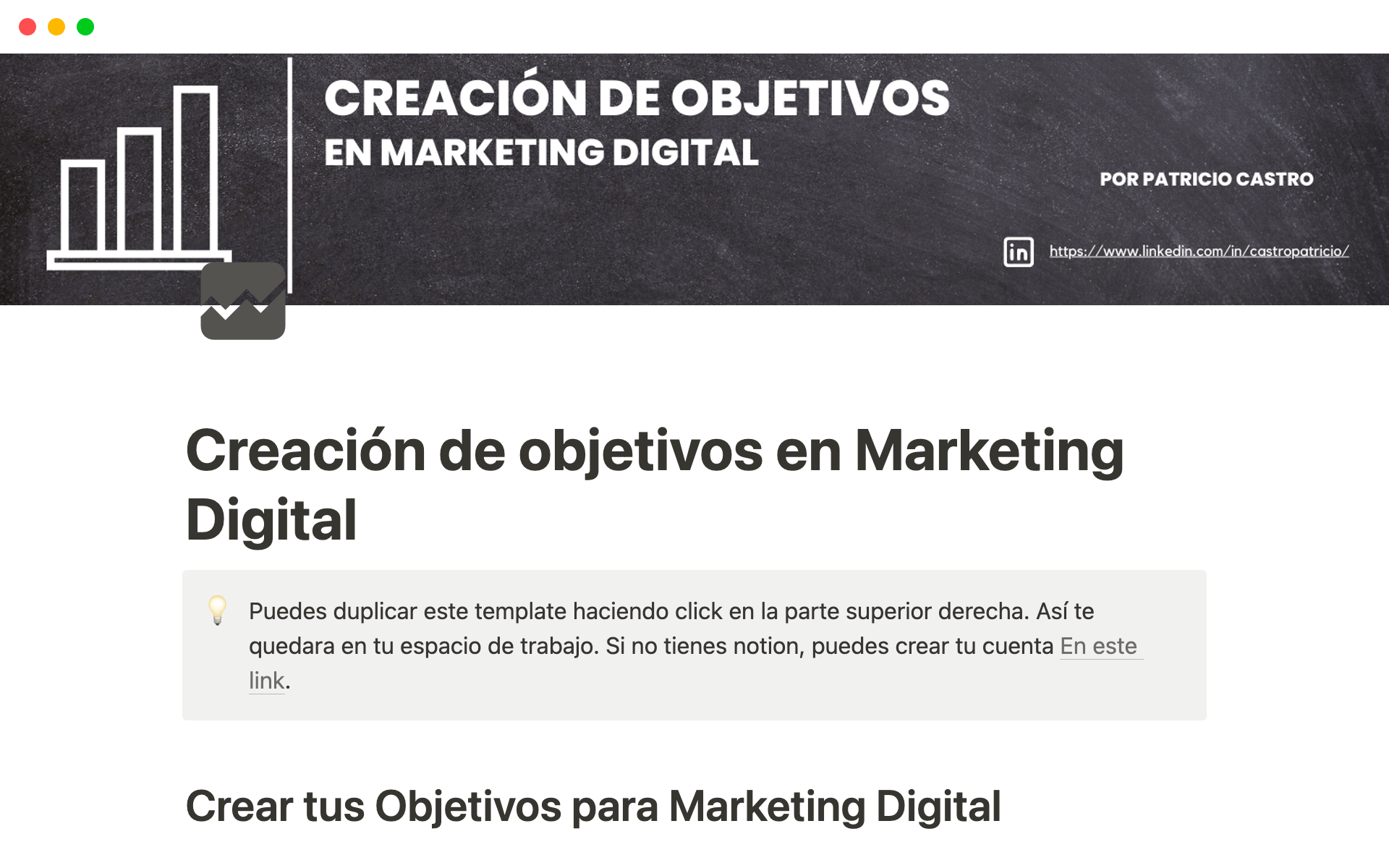 Vista previa de una plantilla para Creación de Objetivos en Marketing Digital