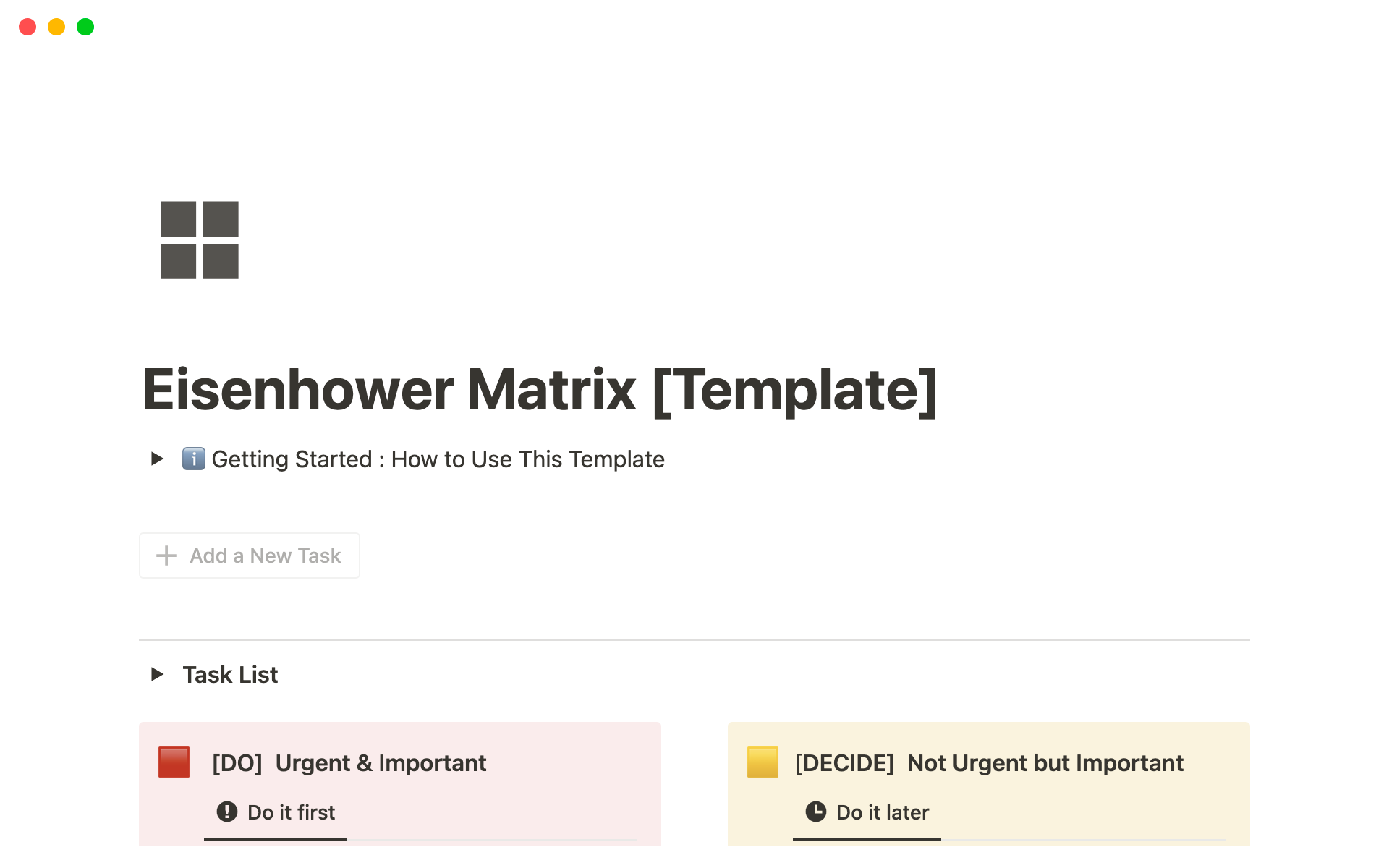 Uma prévia do modelo para Eisenhower Matrix