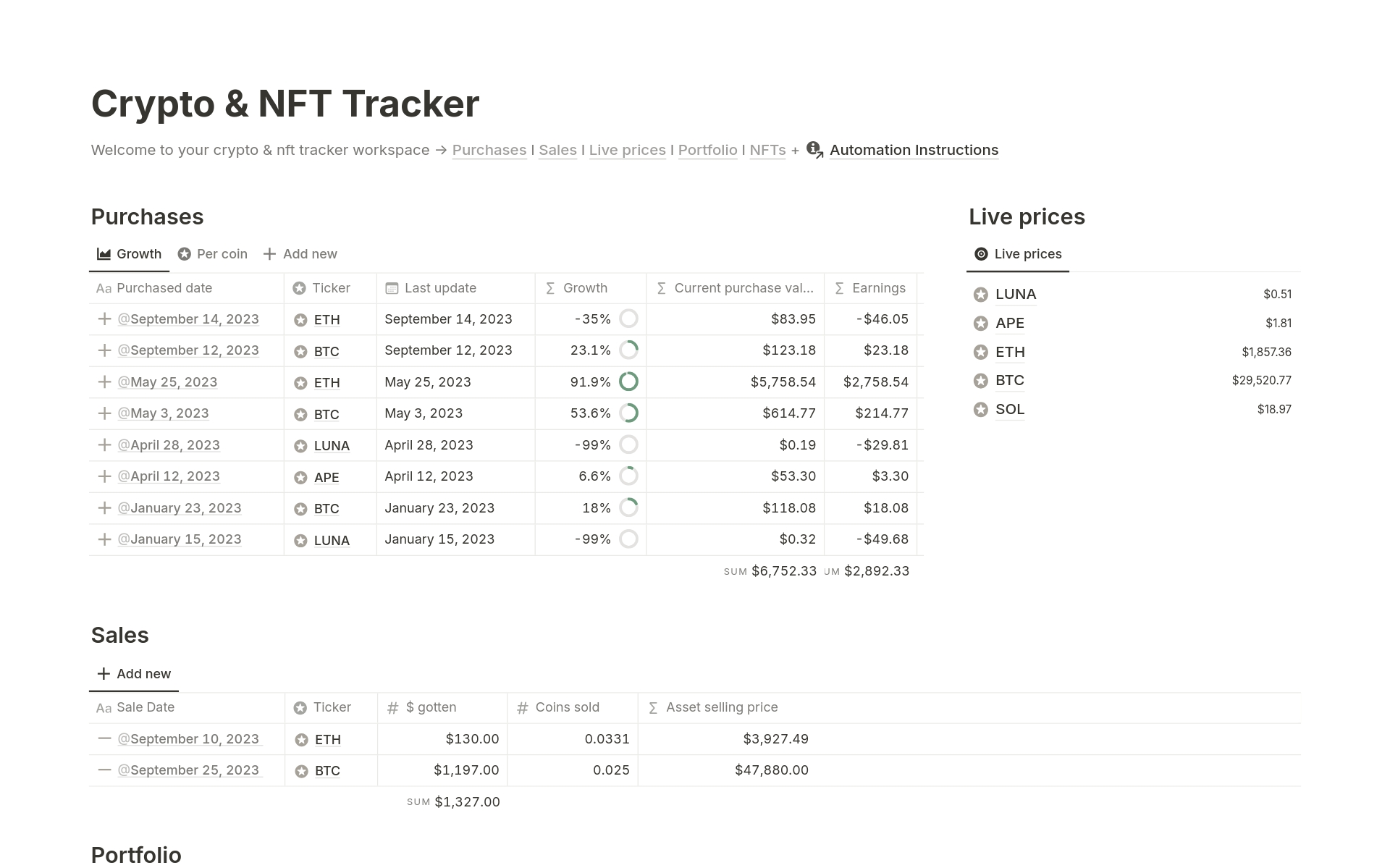 Track your crypto portfolio, from purchases to sales and NFTs, with live asset prices in Notion