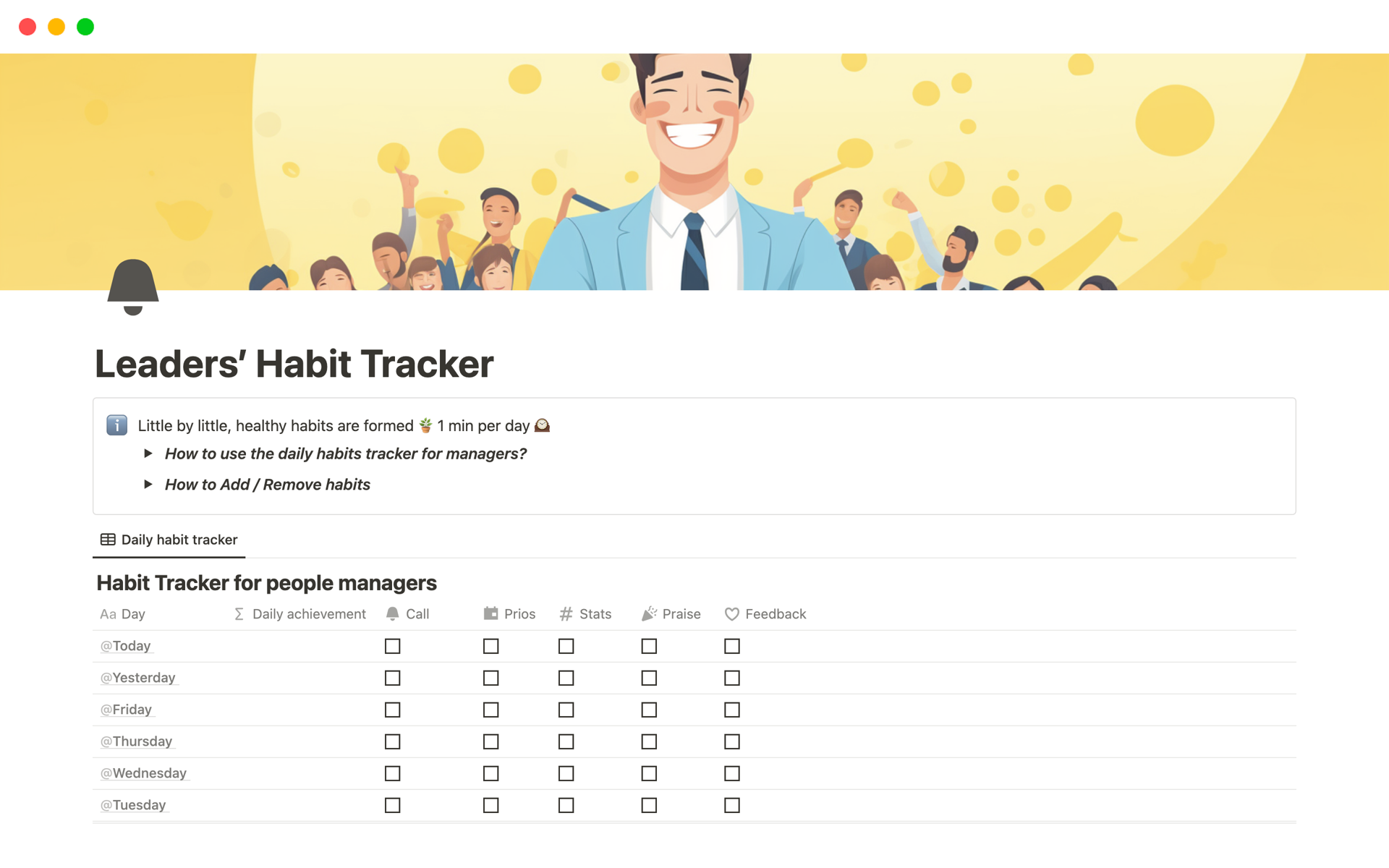 Vista previa de plantilla para Leaders’ Habit Tracker 