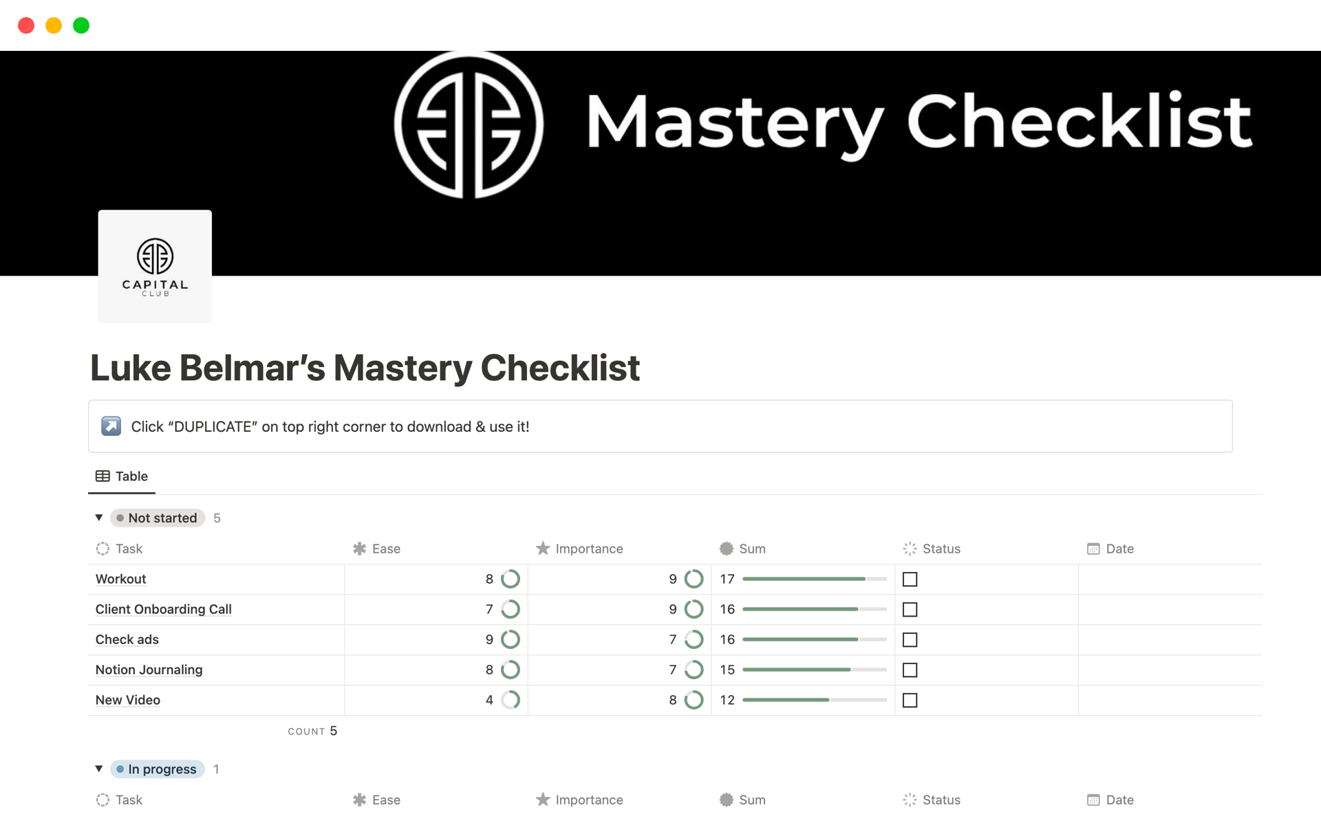 A template preview for Luke Belmar’s Mastery Checklist
