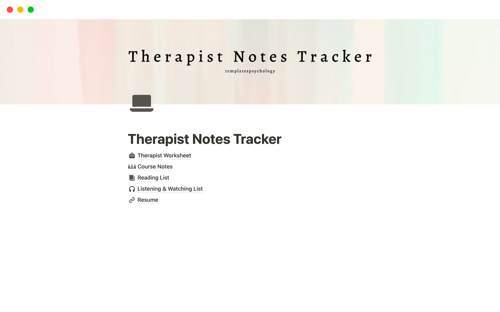 A template preview for Therapist Notes Tracker