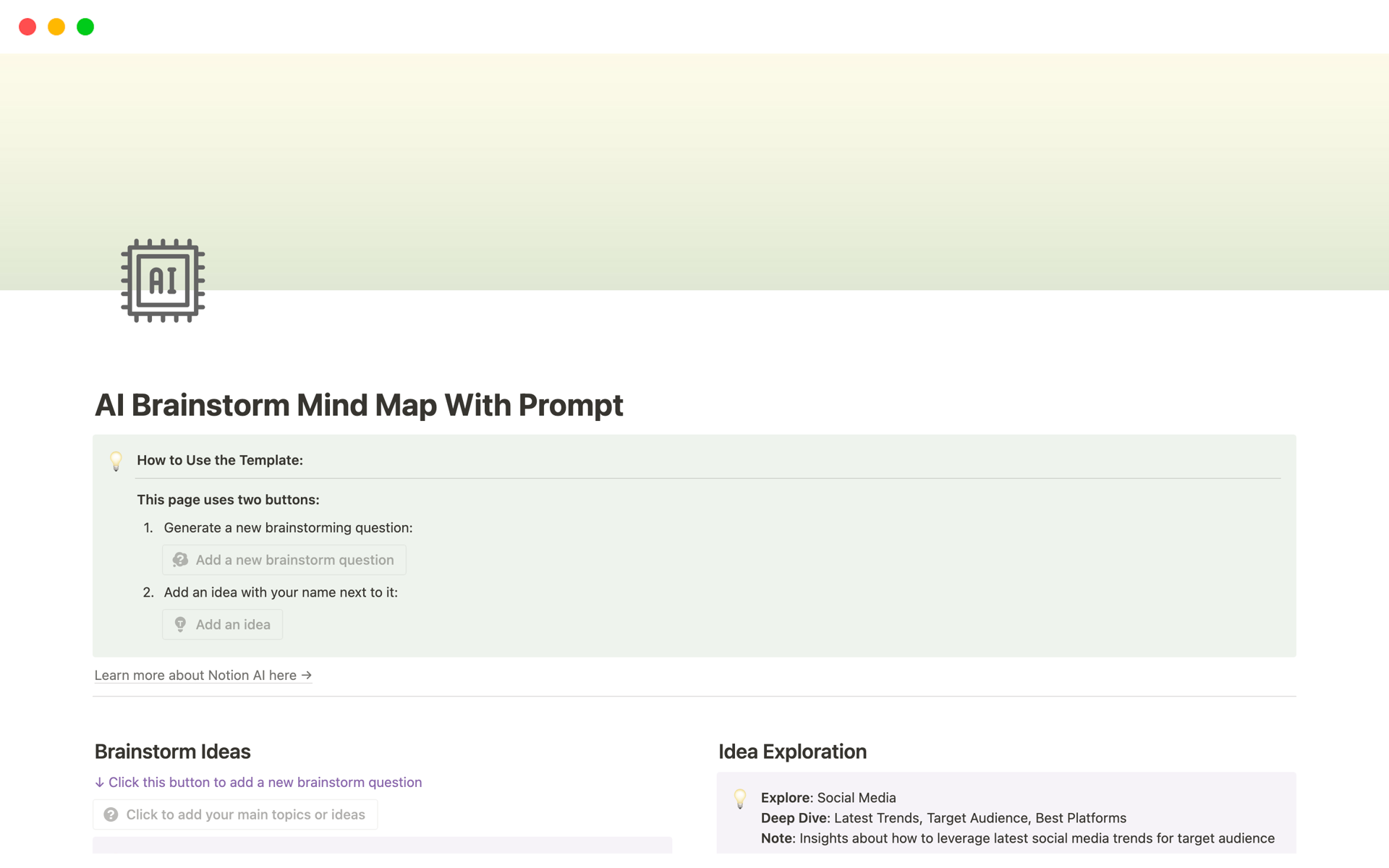 This "AI Brainstorm Mind Map With Prompt" template uses AI to make brainstorming easier, spark creativity, and improve teamwork.