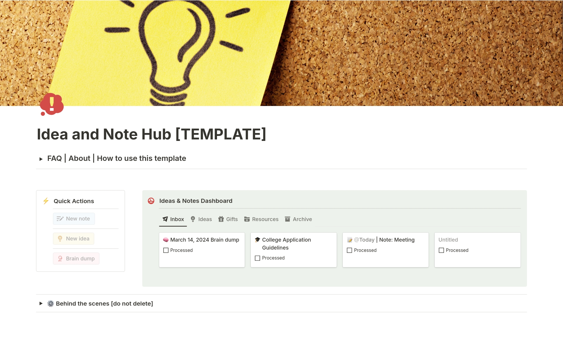 A template preview for Idea & Note Hub: Simple dashboard, mobile friendly