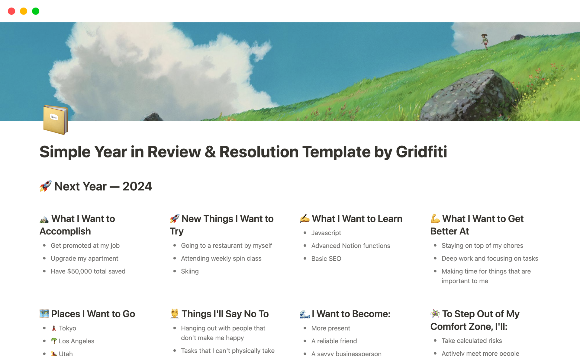 A template preview for Simple Year in Review & Resolution Template