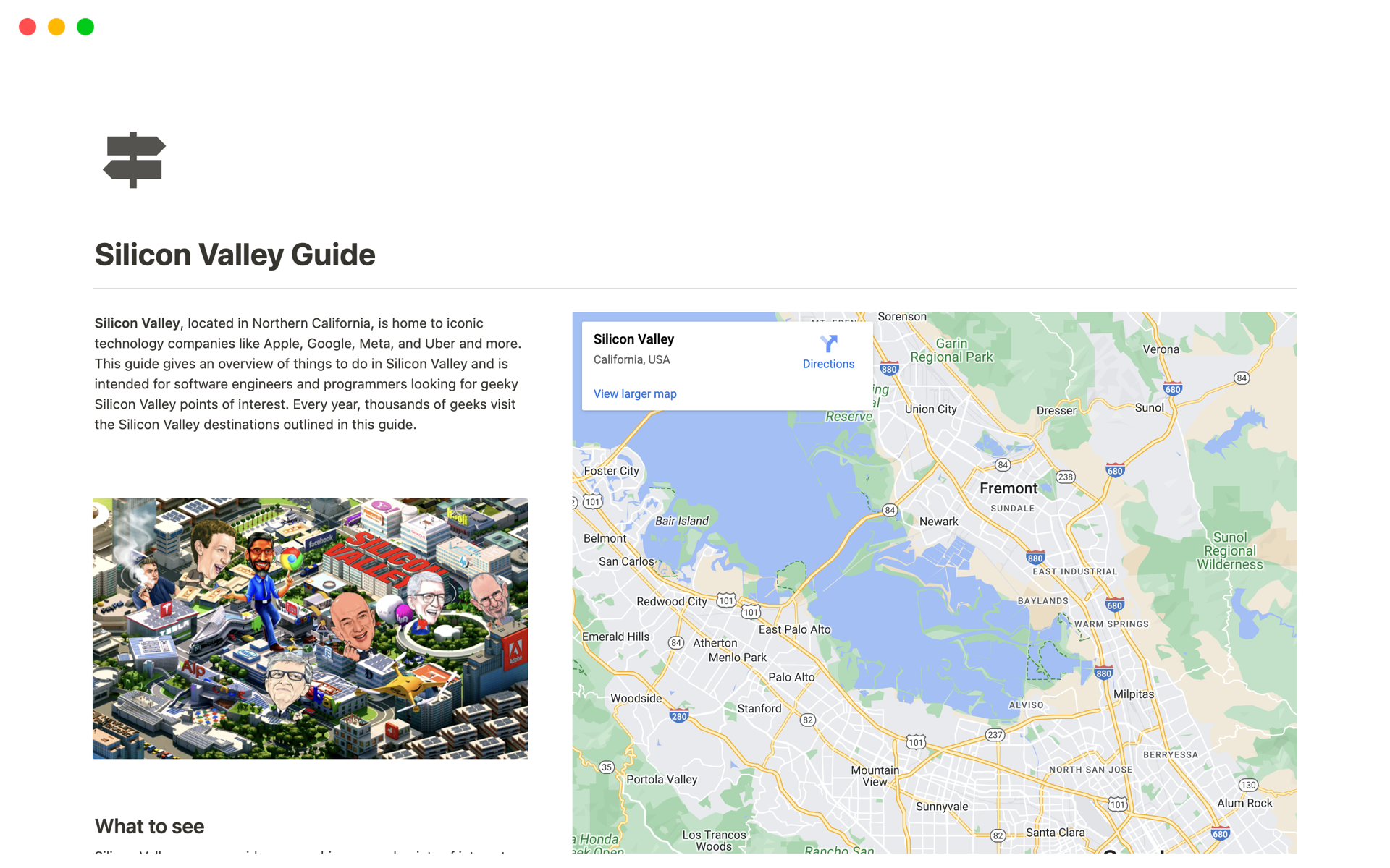 A comprehensive template that provides a curated list of nerdy places to visit in Silicon Valley, showcasing the region's tech culture and innovation.