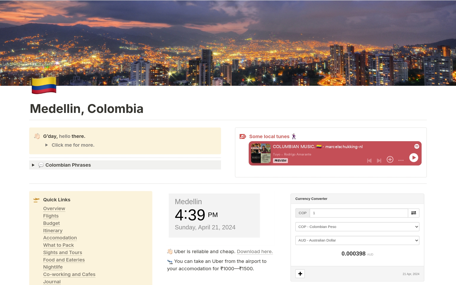 A template preview for Medellin, Colombia. Travel Guide and Planner