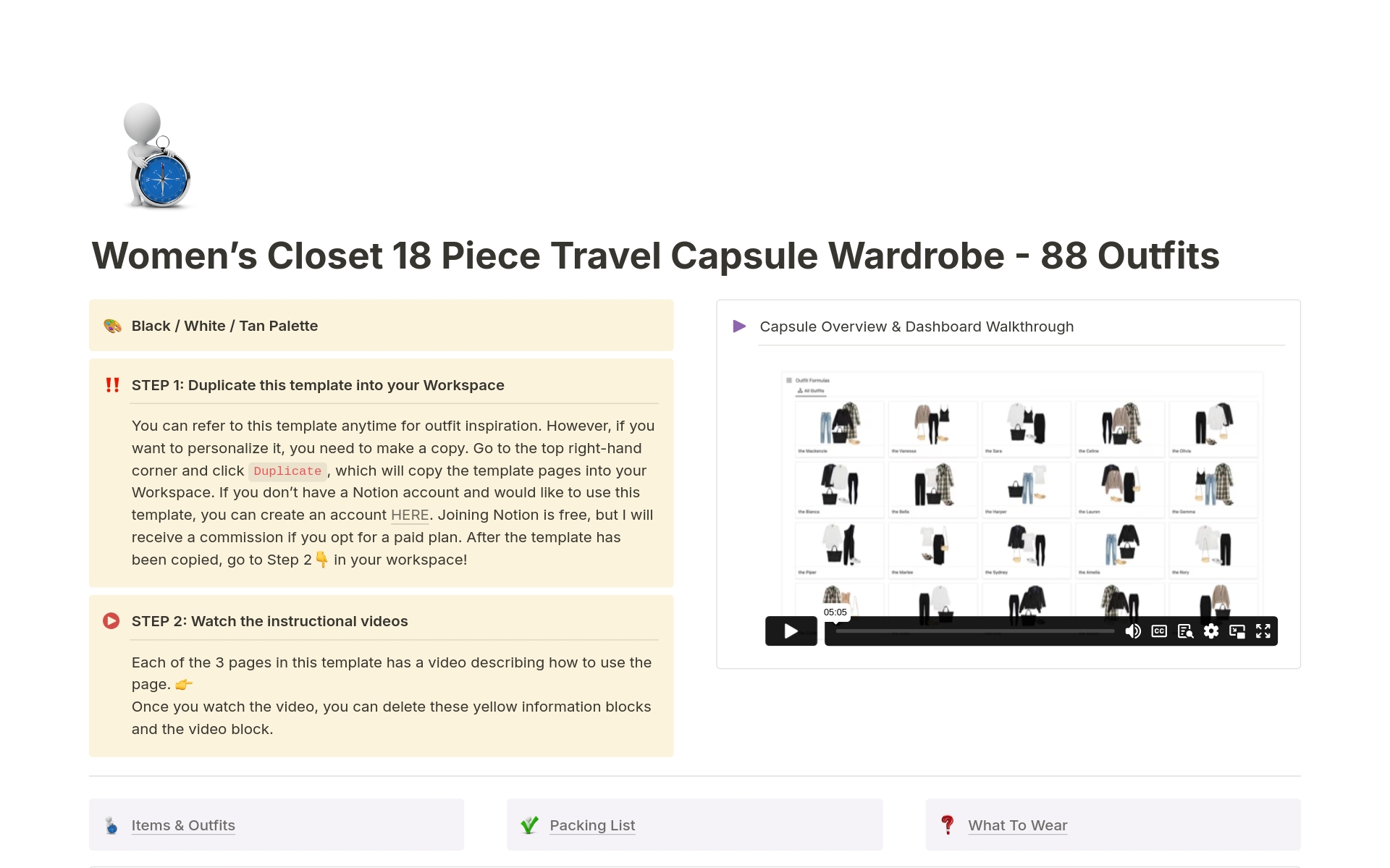 A template preview for 18 Piece Travel Capsule Wardrobe - 88 Outfits