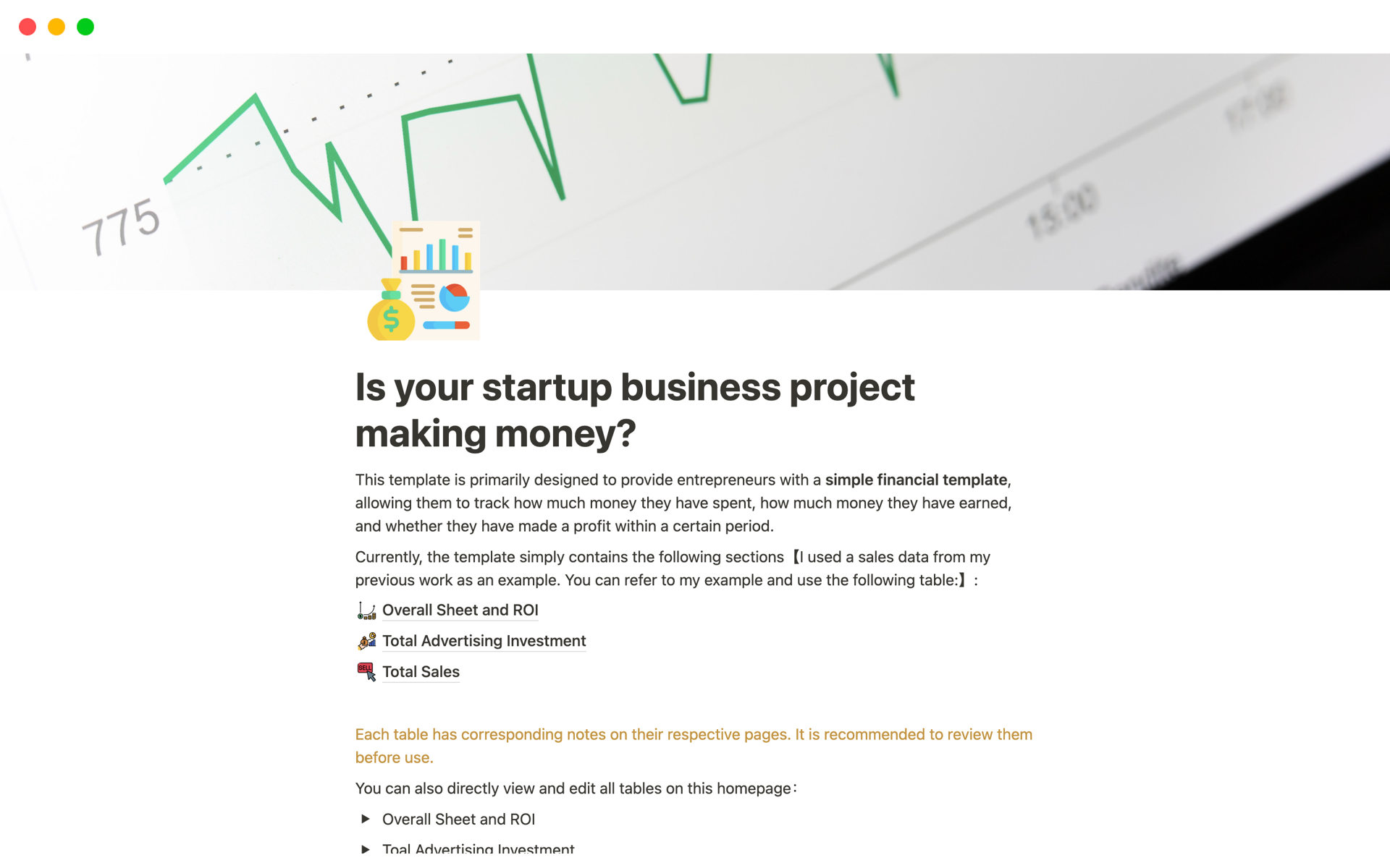 A template preview for Is your startup business project making money?