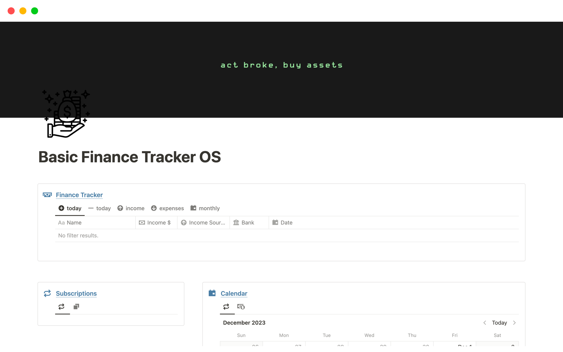 A template preview for Basic Finance Tracker OS