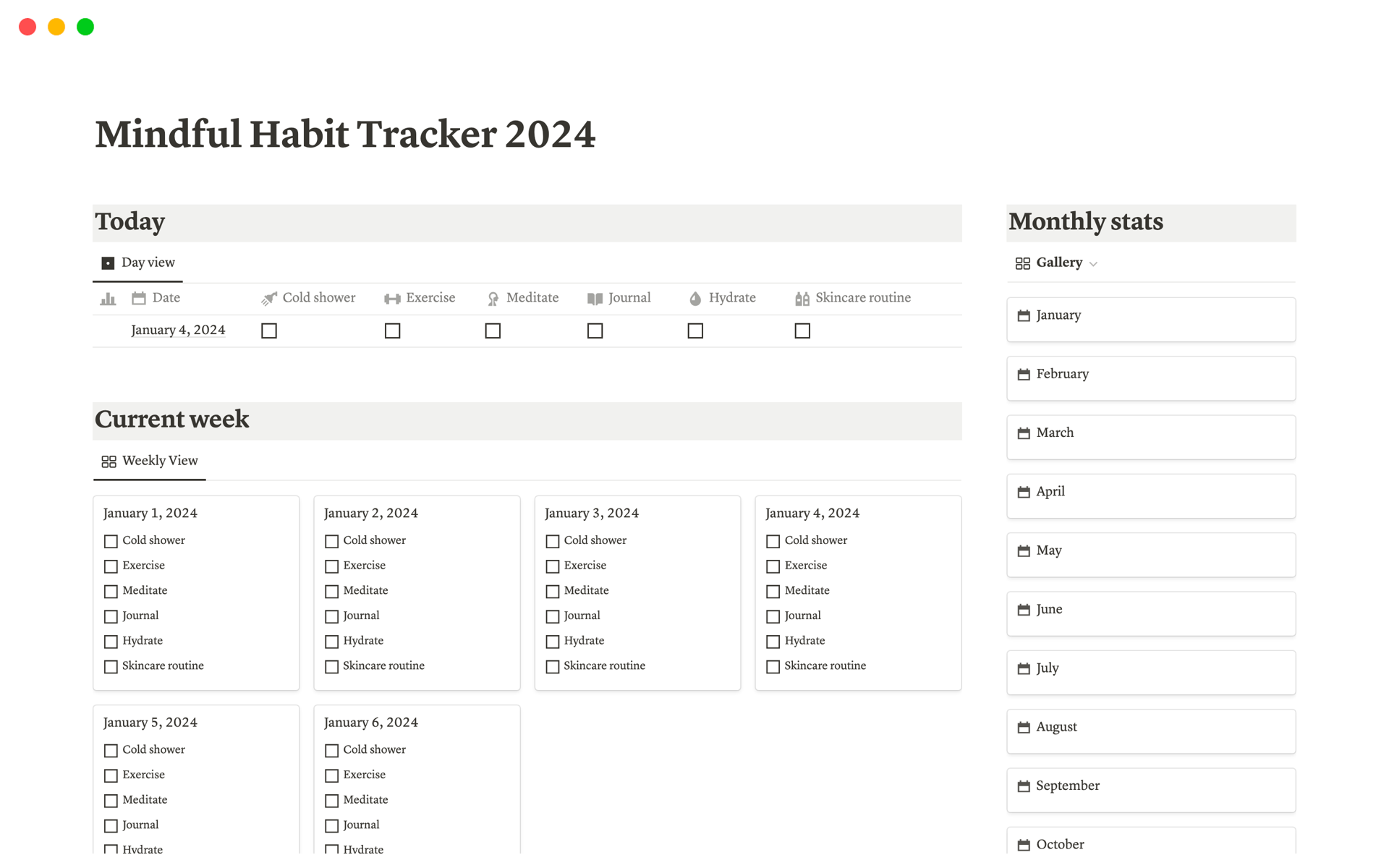 A template preview for Mindful Habit Tracker 2024
