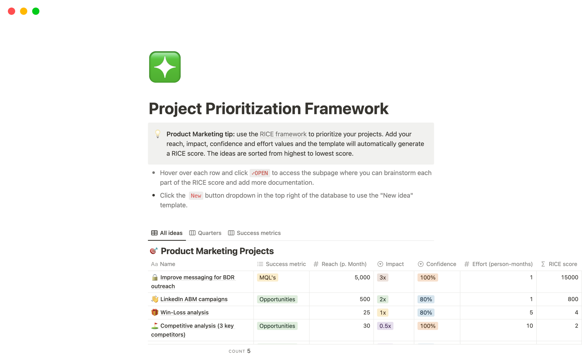 A template preview for Prioritization Framework for Product Marketing