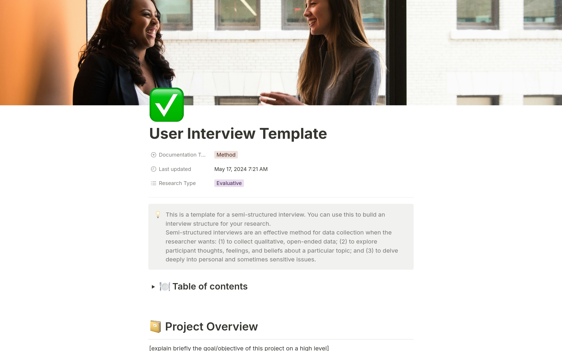 A template preview for User Interviews for UX Research