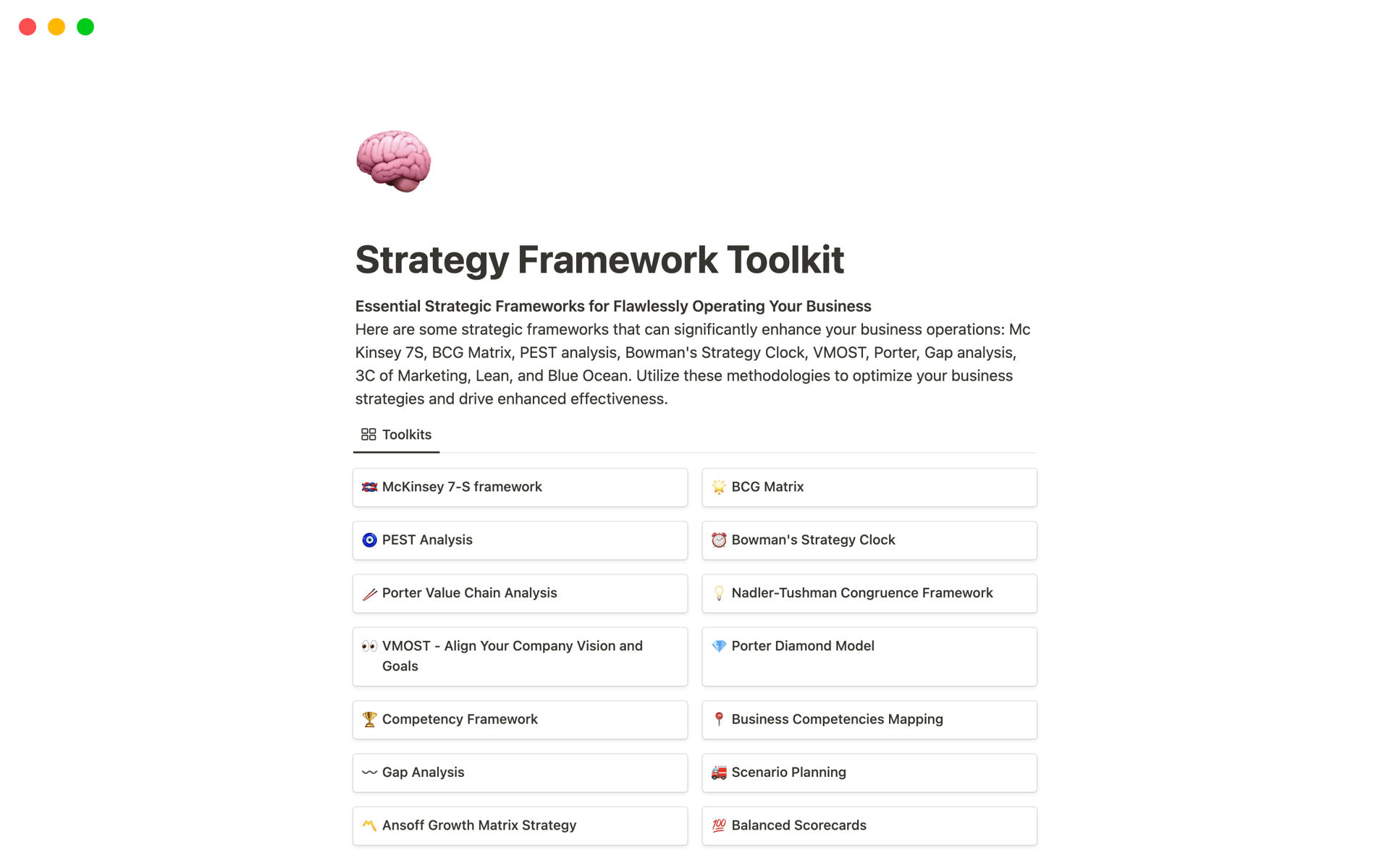A template preview for Strategy Framework Toolkit