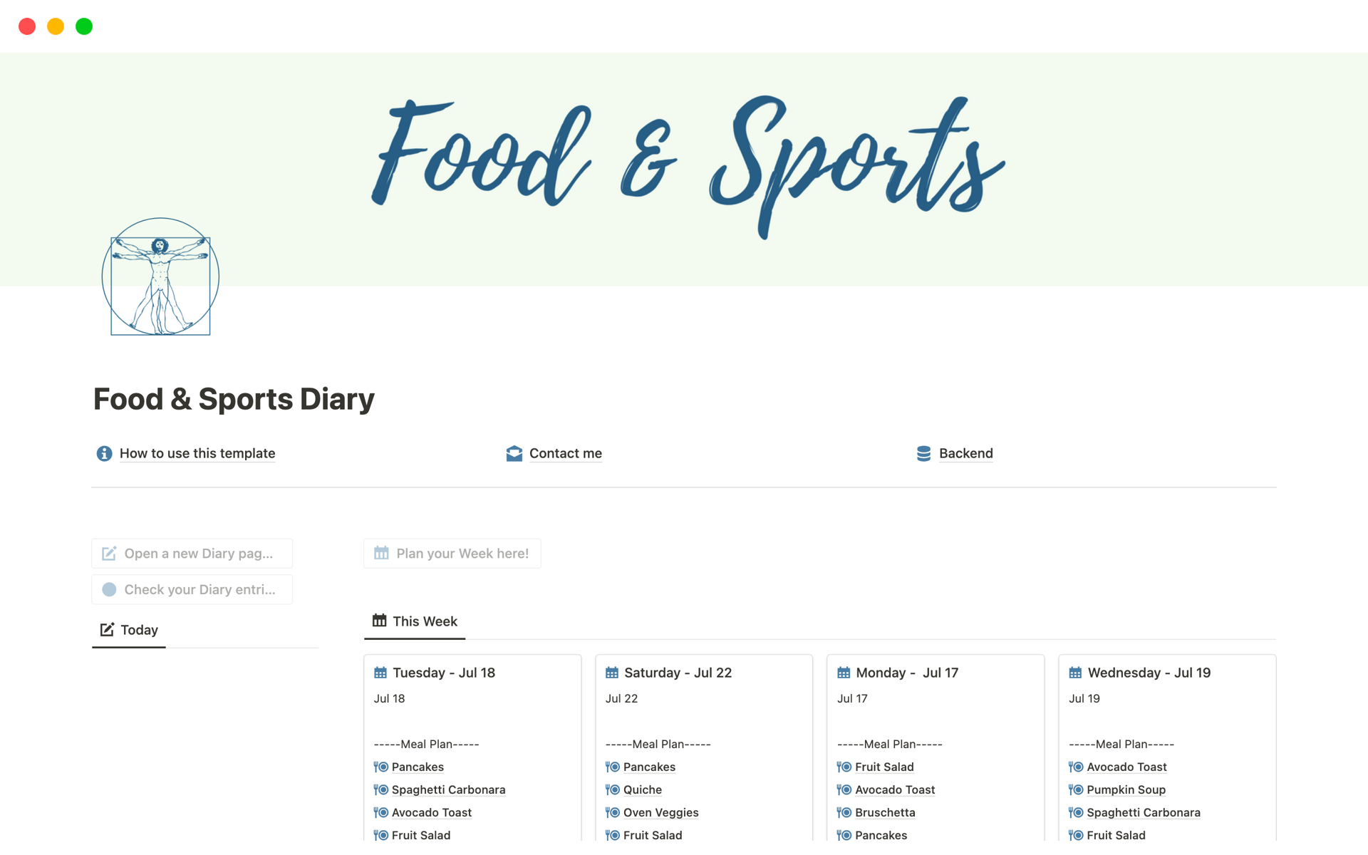 A template preview for Food & Sports Diary
