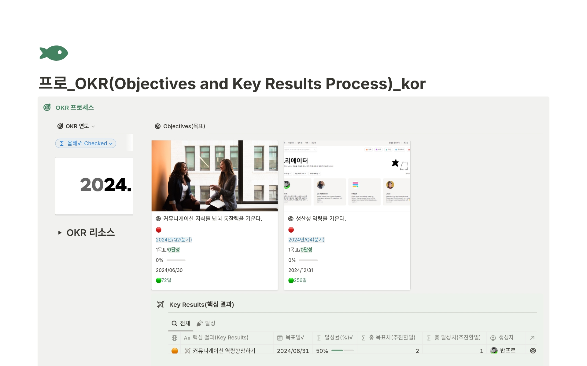 A template preview for 프로_OKR(Objectives and Key Results Process)_kor