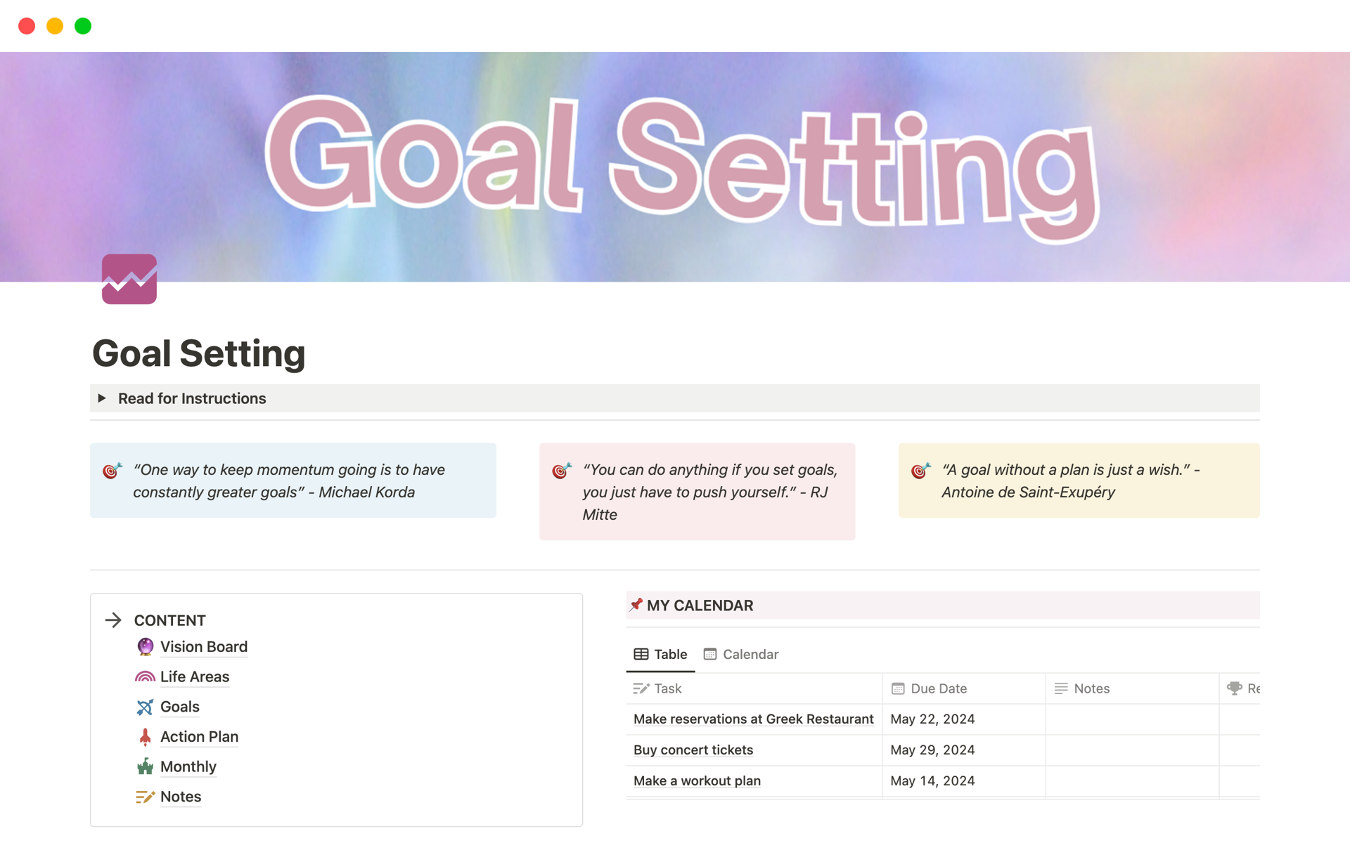 A template preview for Goal Setting