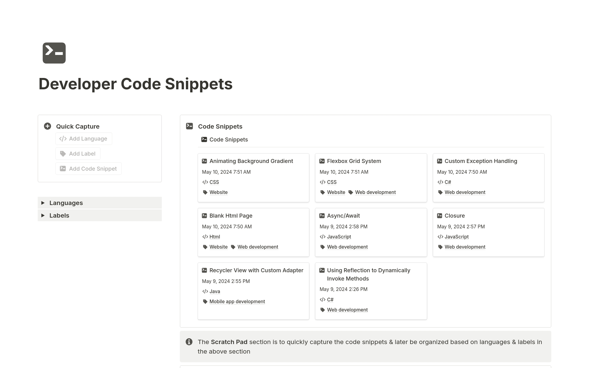 A template preview for Developer Code Snippets
