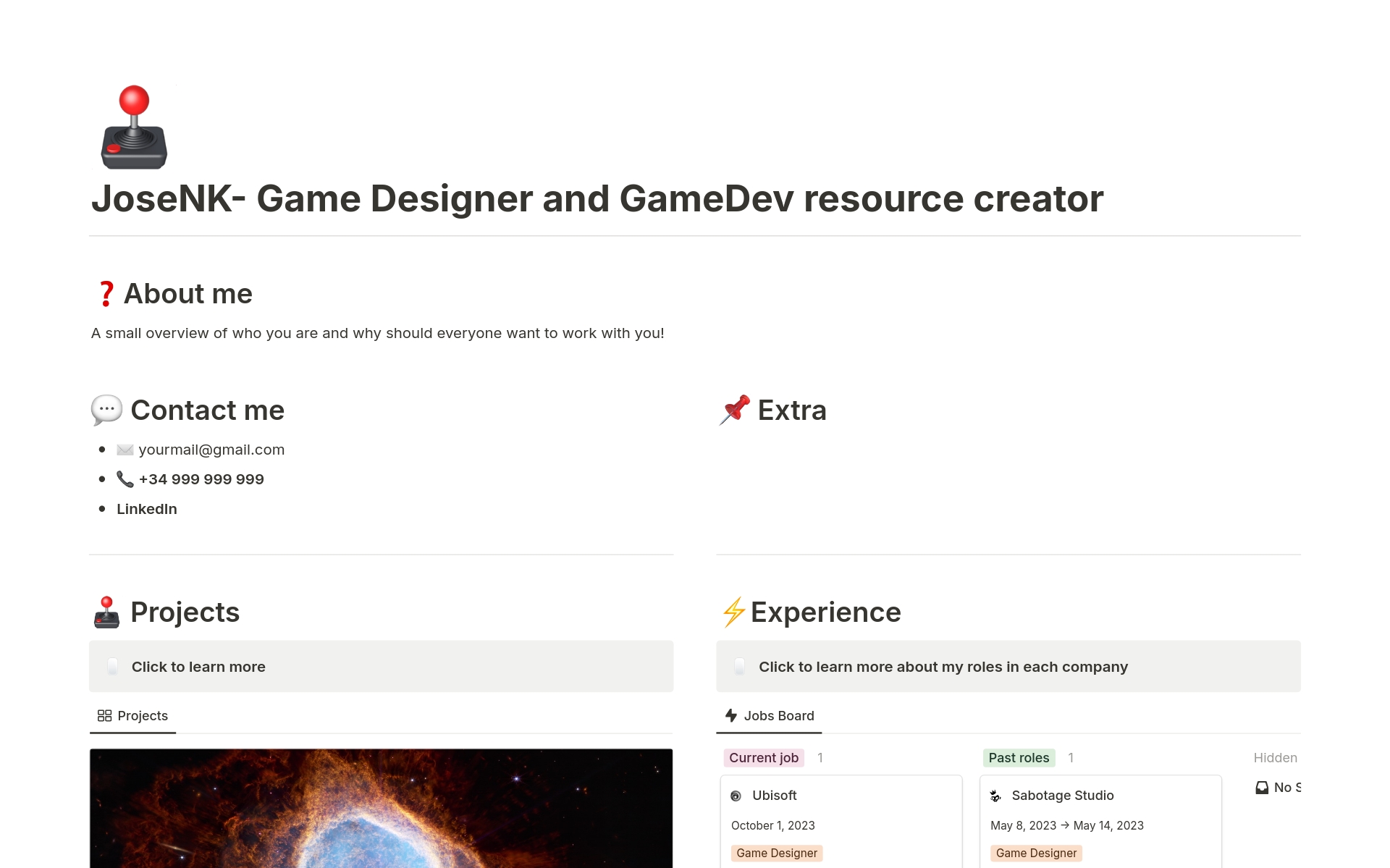 Vista previa de una plantilla para GameDev Portfolio