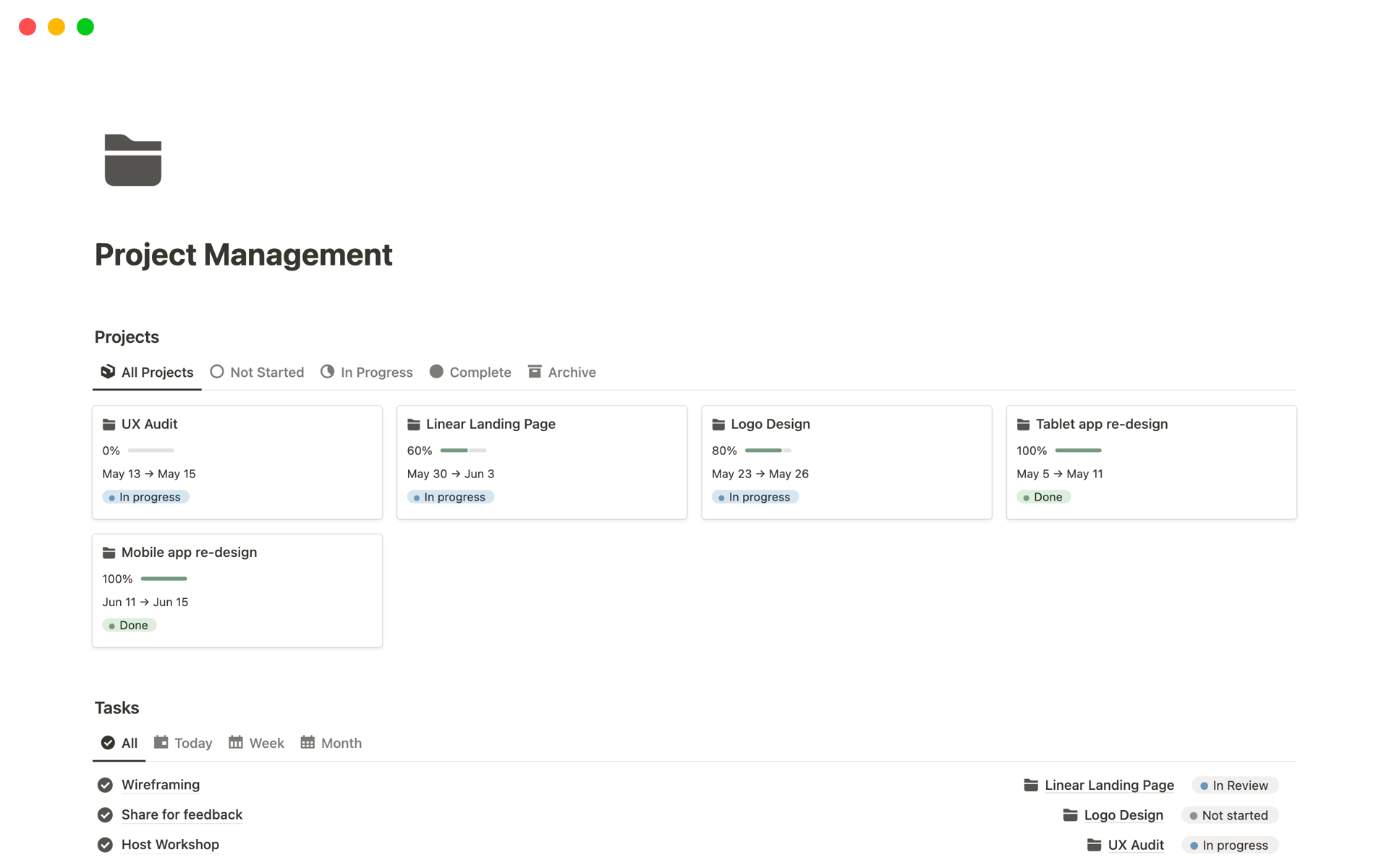 A Notion project management template for designers. This template provides a focused space to manage your daily design projects and tasks.