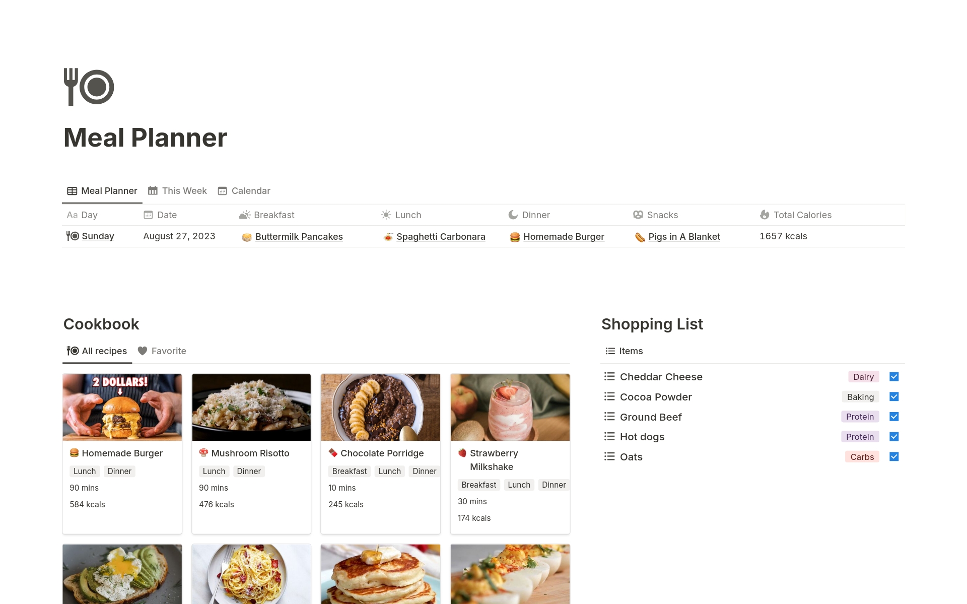 A Notion Template for effortless meal planning, recipe tracking and grocery shopping.