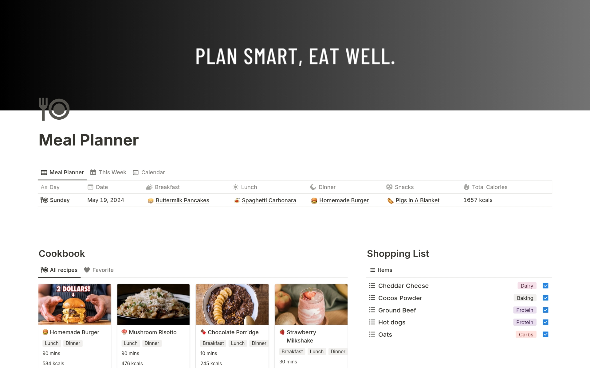 A Notion Template for effortless meal planning, recipe tracking and grocery shopping.