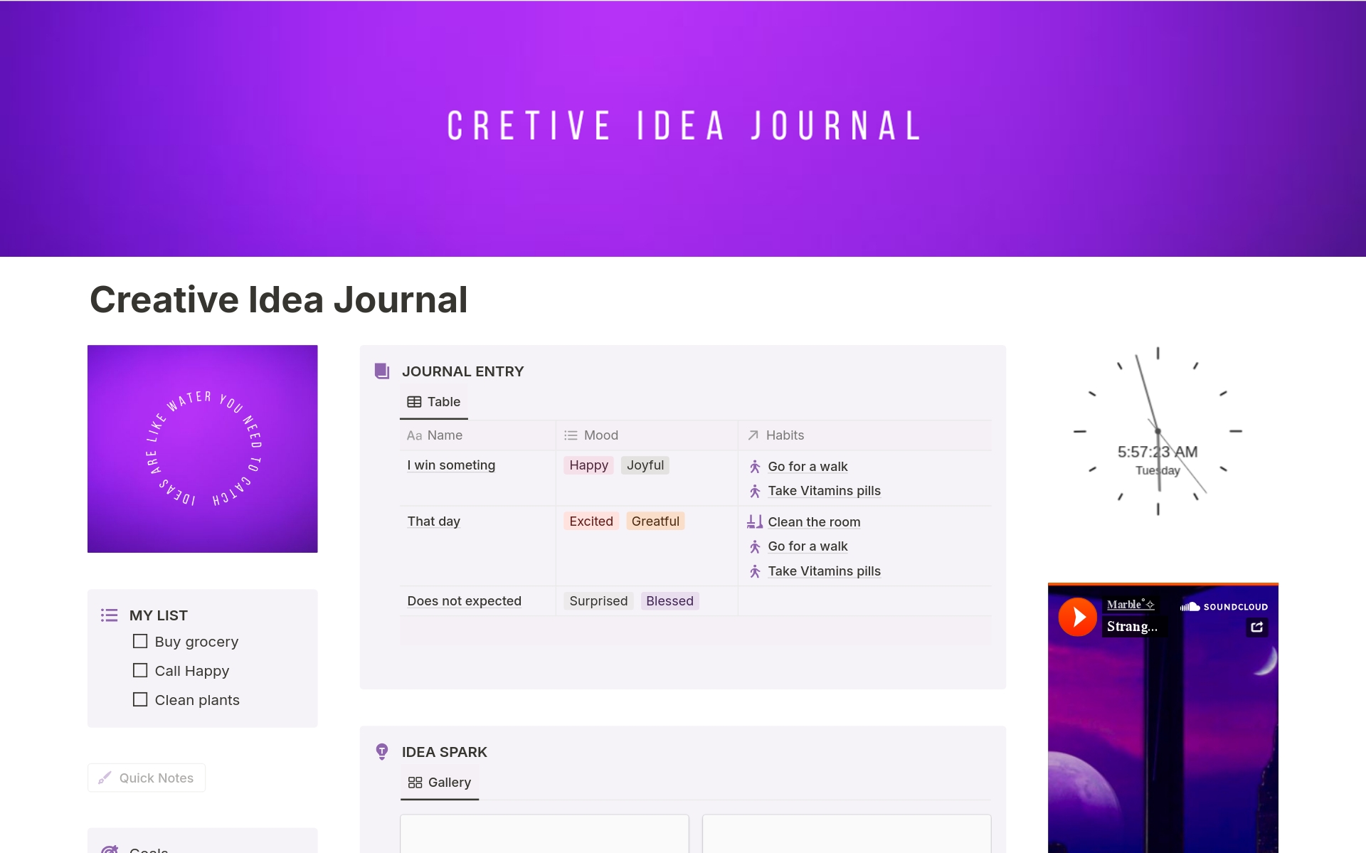 This is your personal journal, idea, habit and notes tracker template for good and productive life.