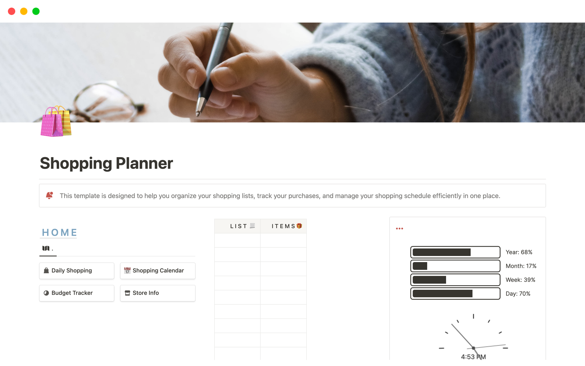 A template preview for Shopping Planner