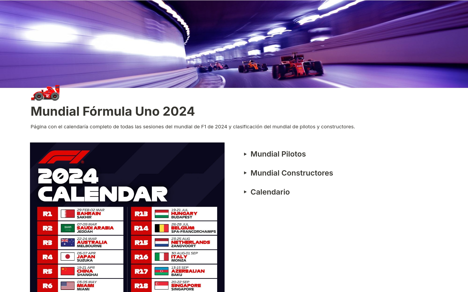 Plantilla con el calendarío de todas las sesiones de los grandes premios de Fórmula1 en 2024 y clasificaciones actualizadas.