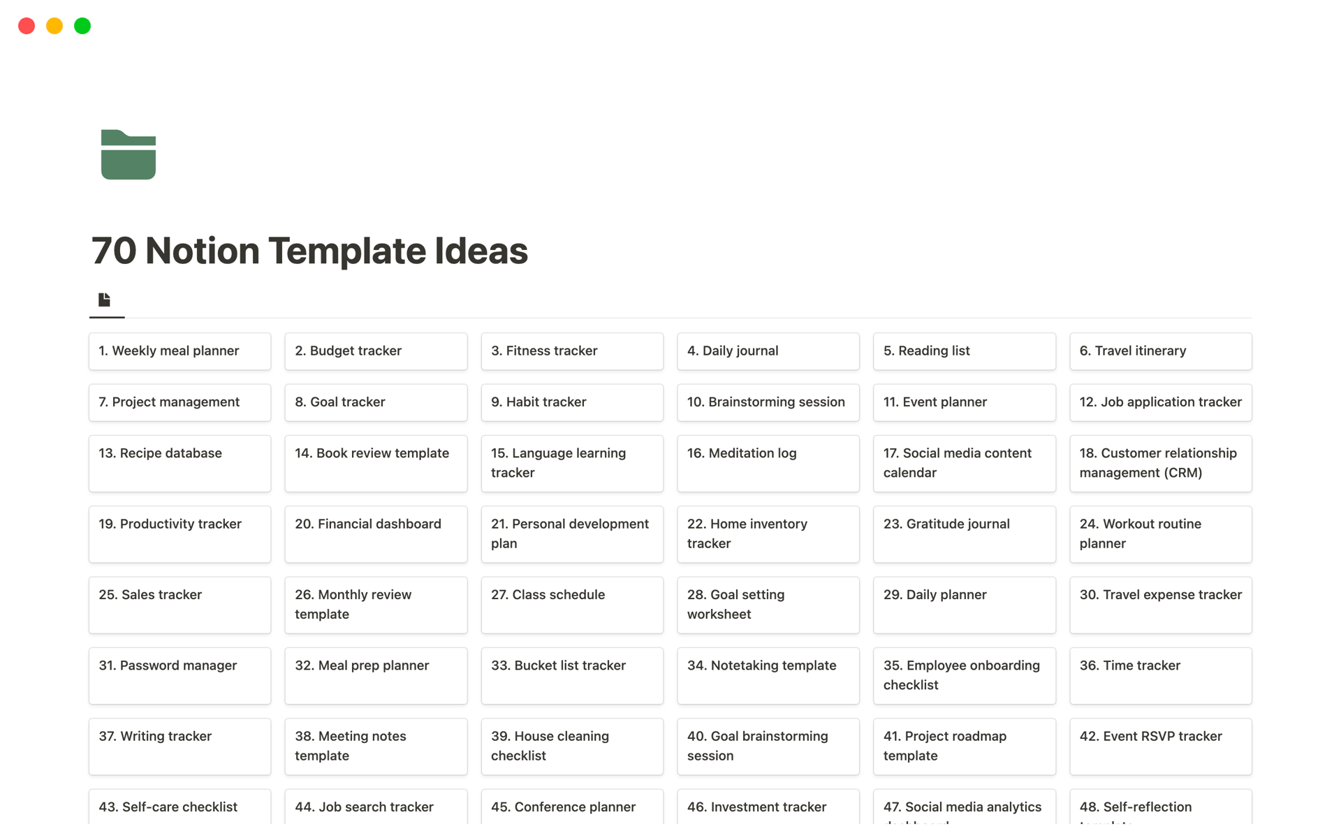 A template preview for 70 Notion Template Ideas