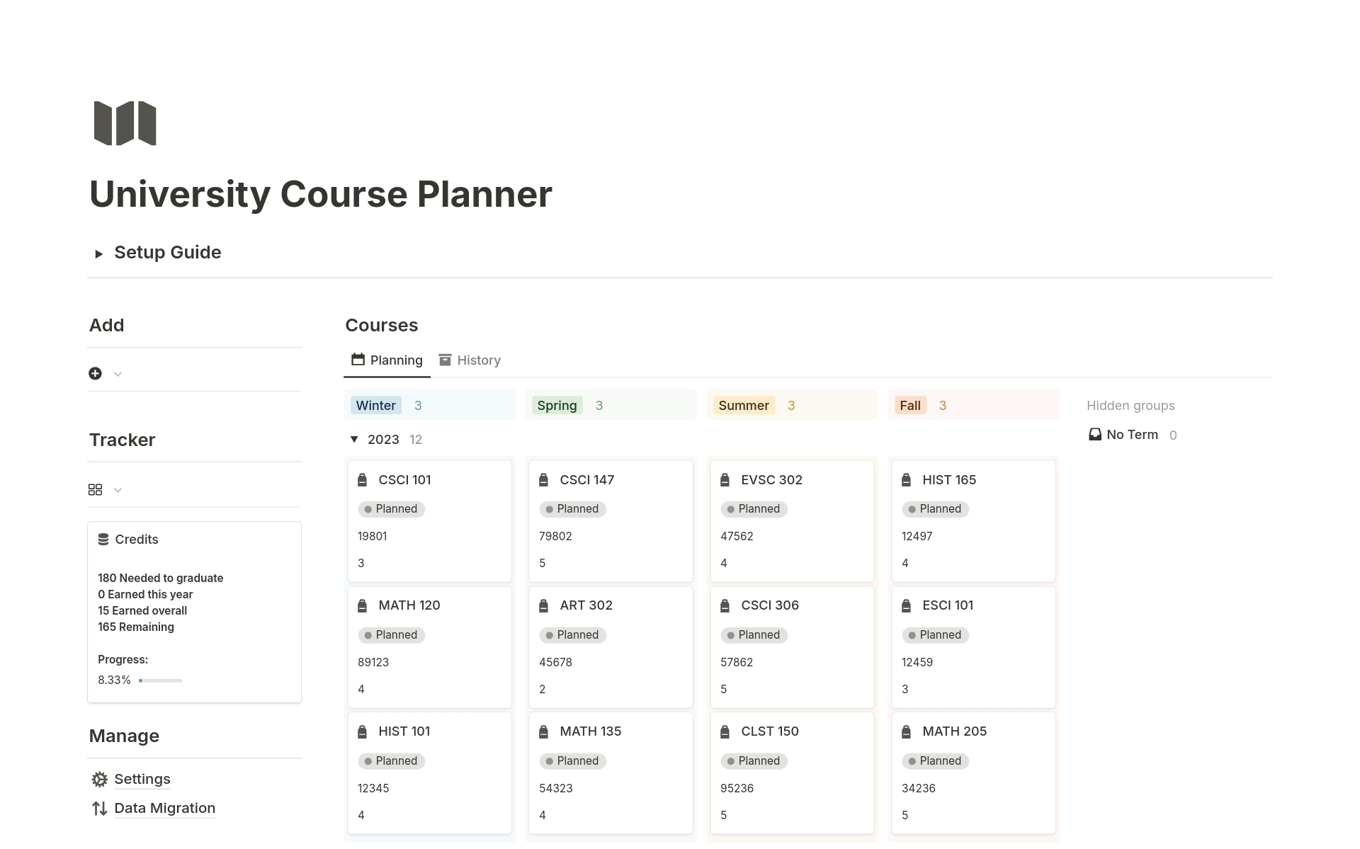 A template preview for University Course Planner