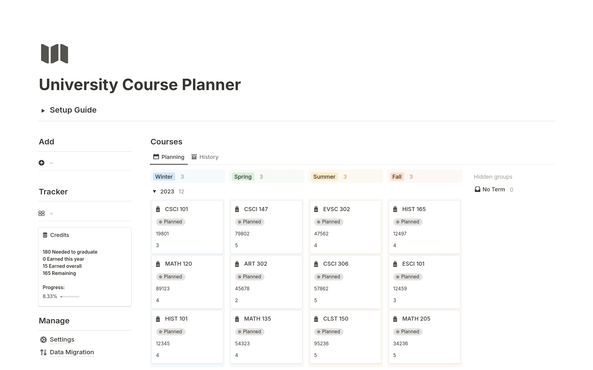 University Course Plannerのテンプレートのプレビュー