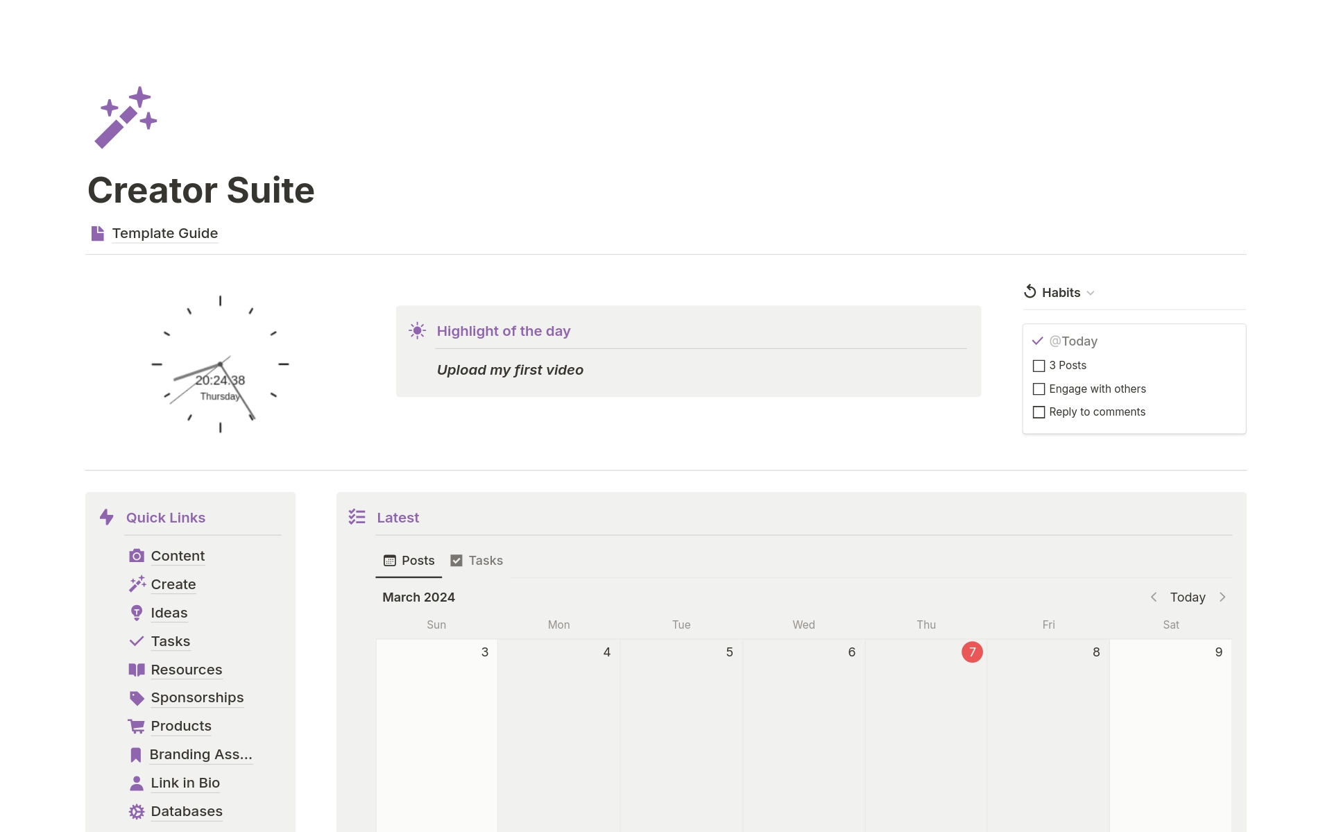 Creator Suite is a complete workspace for content creators. It helps to write, organize and schedule content. Store your ideas and resources, manage tasks and keep yourself accountable with daily creative habits.