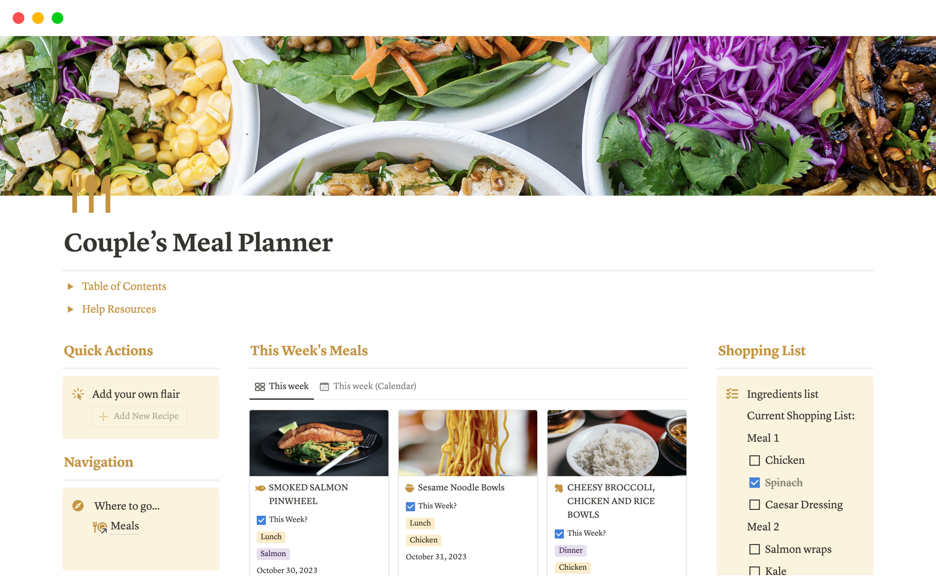 A template preview for Couple’s Meal Planner with Cookbook