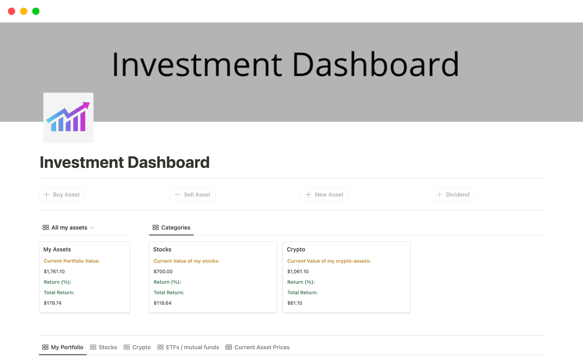 A template preview for Investment Dashboard